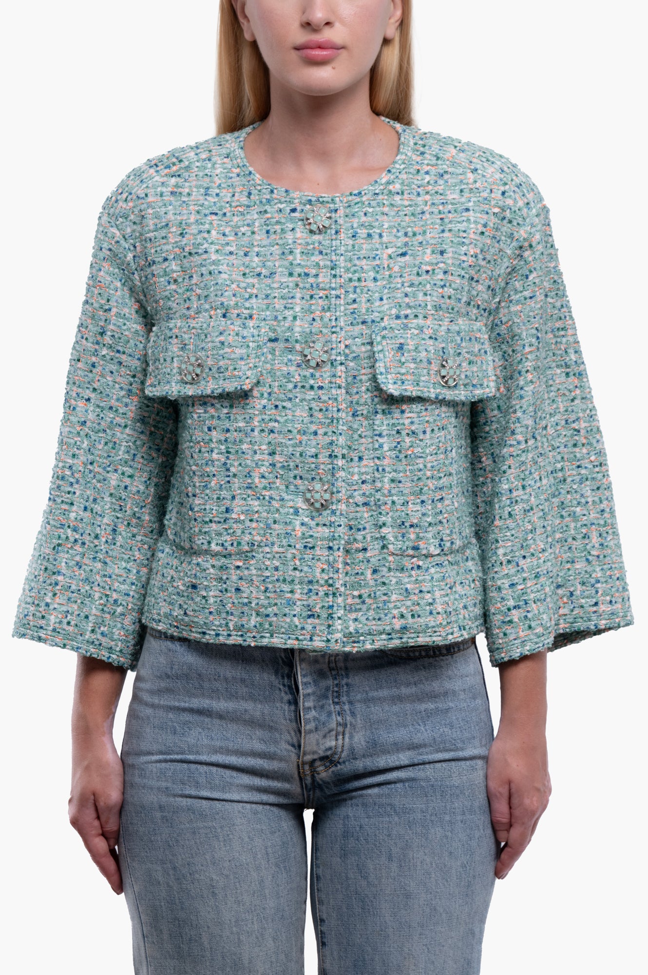 Chanel 2019 Green Tweed Pattern Jacket Size 34