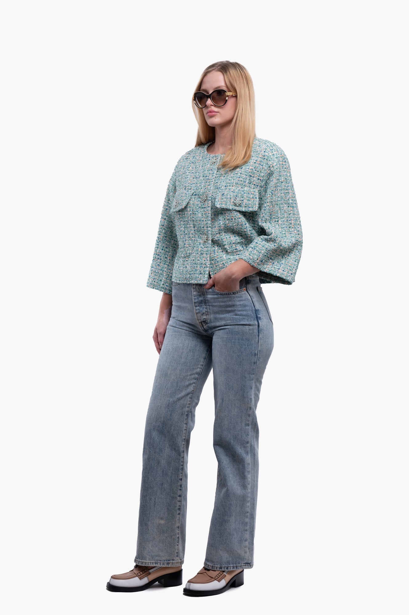 Chanel 2019 Green Tweed Pattern Jacket Size 34