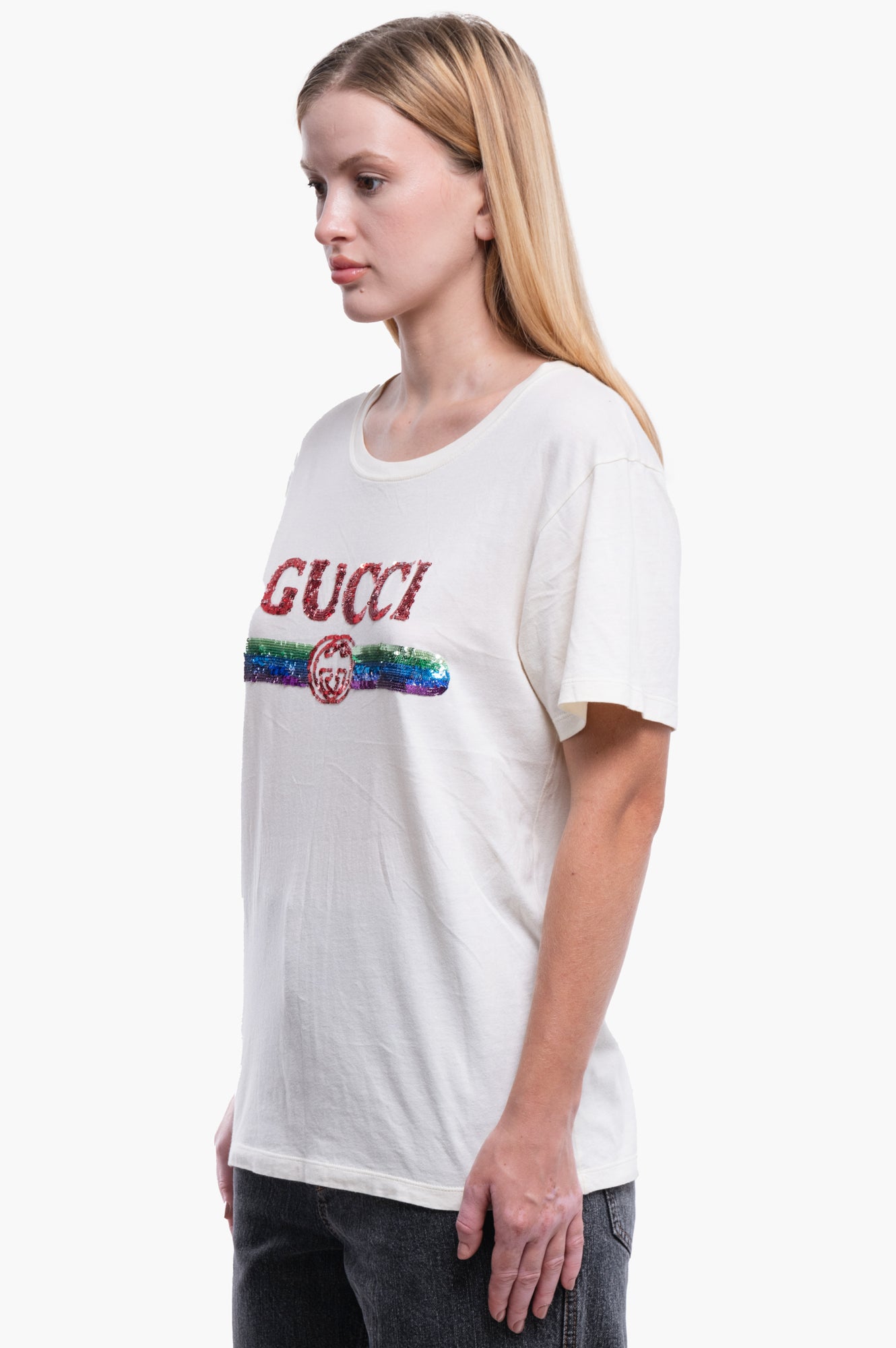 Gucci Beige Sequin Vintage Logo T-Shirt Size XS