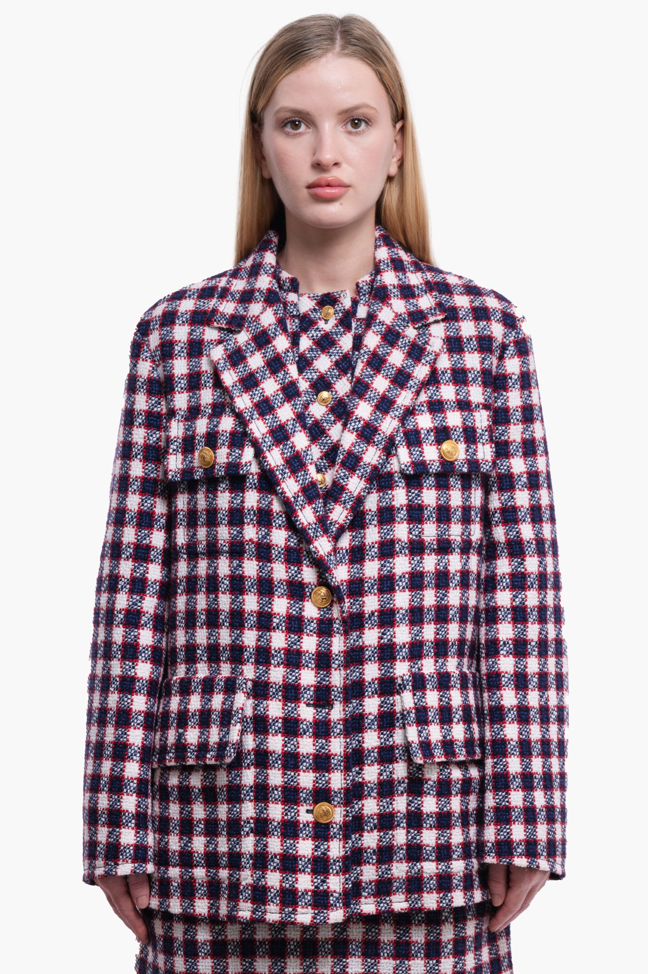 Gucci Tweed Blue/White/Red Plaid Jacket Size 40