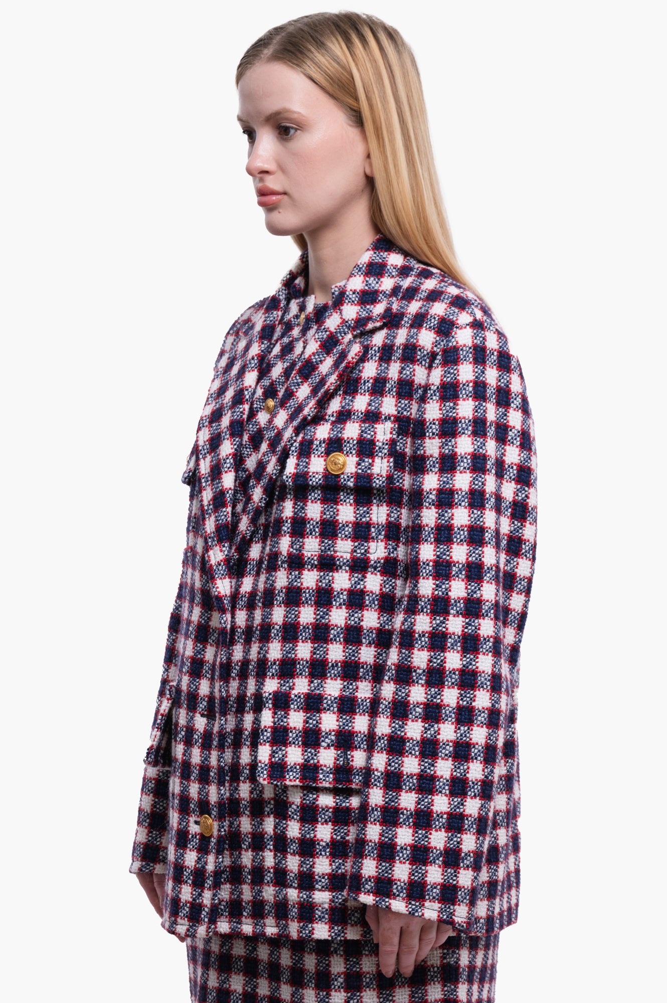Gucci Tweed Blue/White/Red Plaid Jacket Size 40