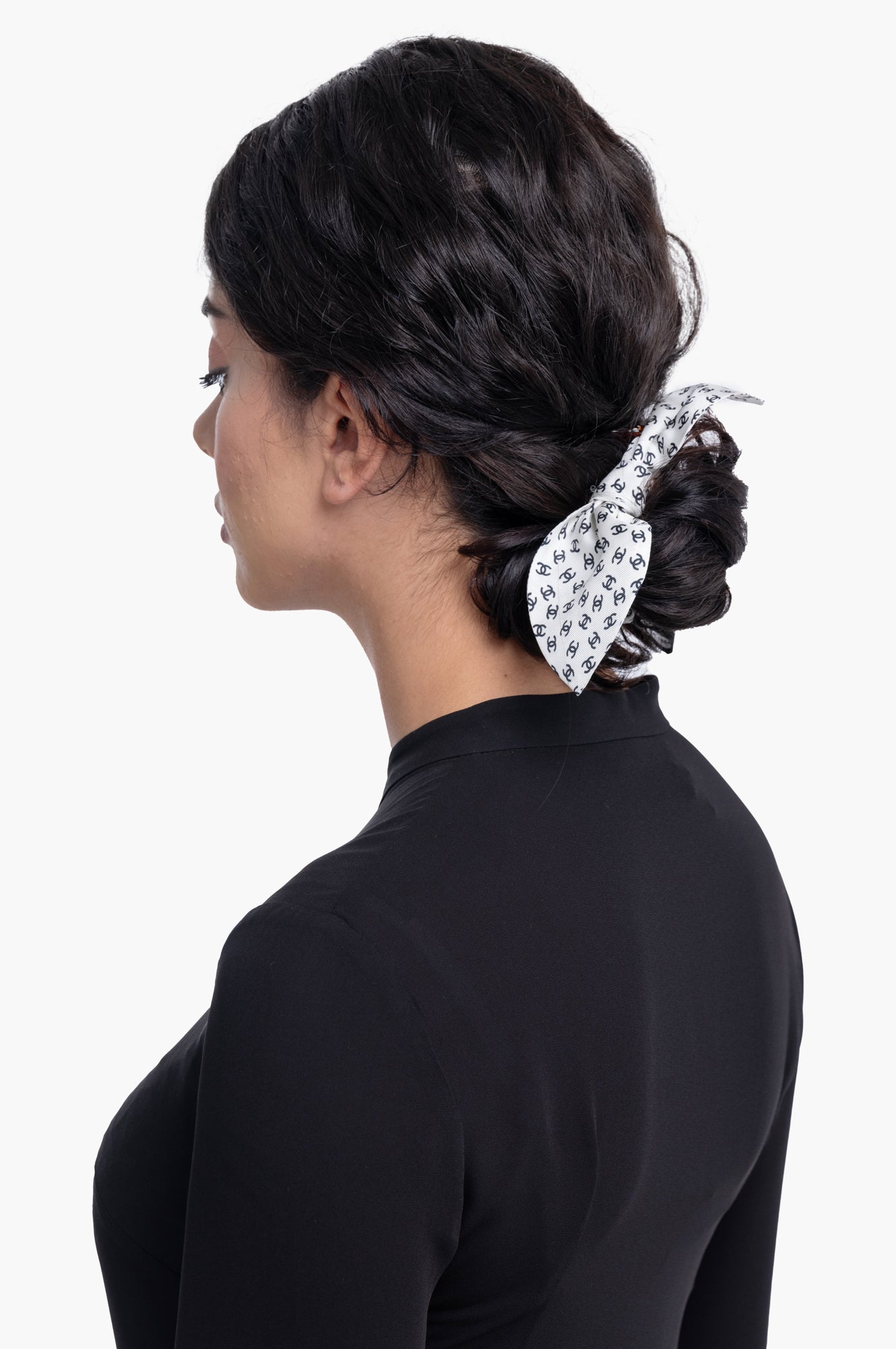 Chanel White Silk CC Bow Scrunchie