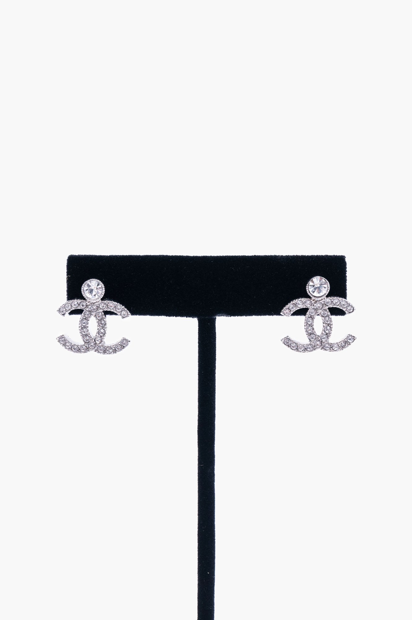 Chanel Silver Crystal Logo Classic Stud Drop Earrings