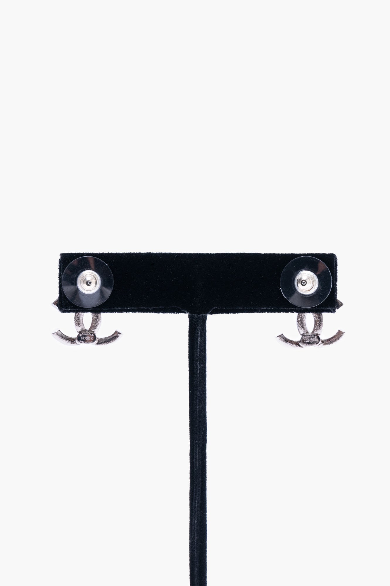 Chanel Silver Crystal Logo Classic Stud Drop Earrings