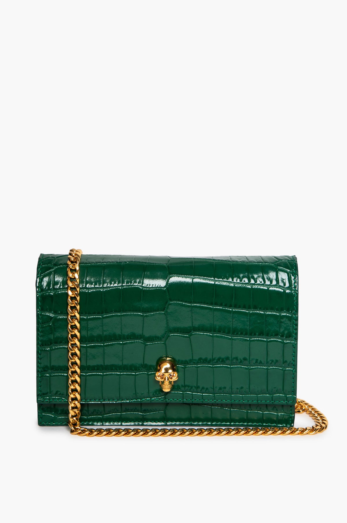 Alexander McQueen Emerald Green Croc-Embossed Skull Mini Bag