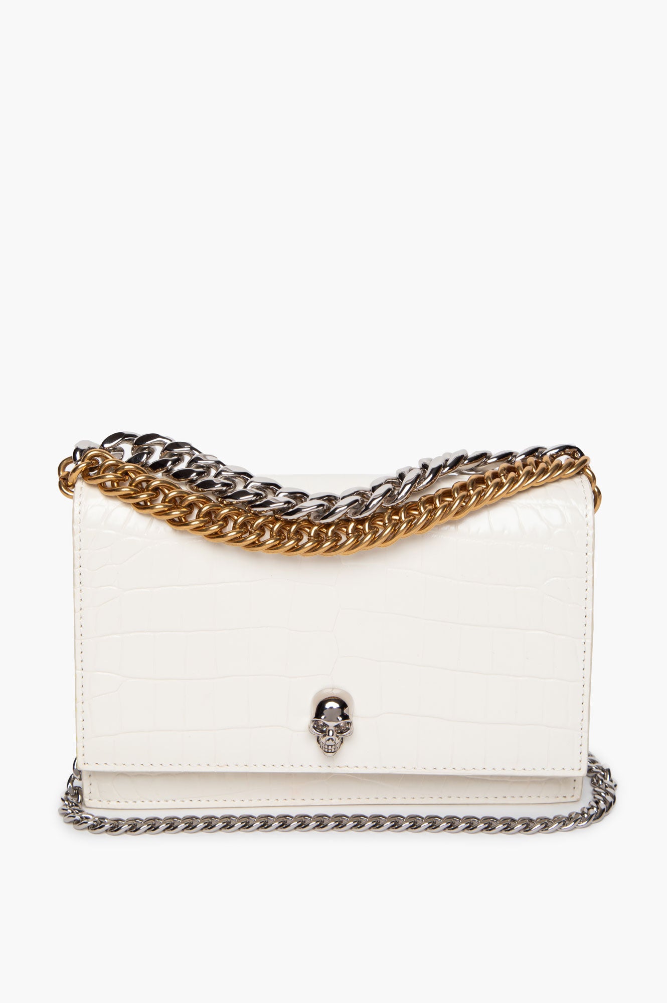 Alexander McQueen White Croc-Embossed Double Chain Skull Bag