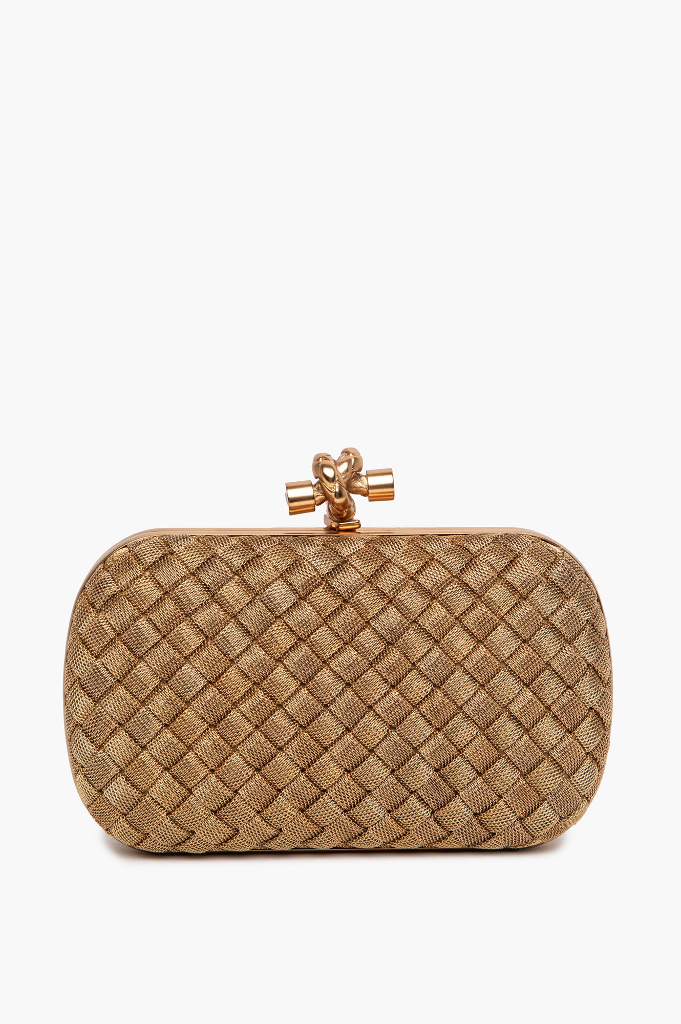 Bottega Veneta Gold Intrecciato Woven Metal Knot Minaudière Clutch