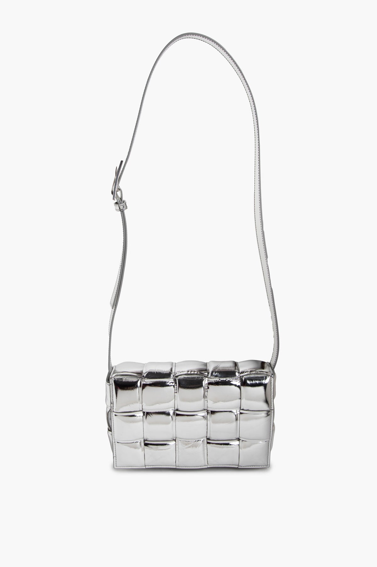Bottega Veneta Silver Metallic Padded Cassette Crossbody Bag