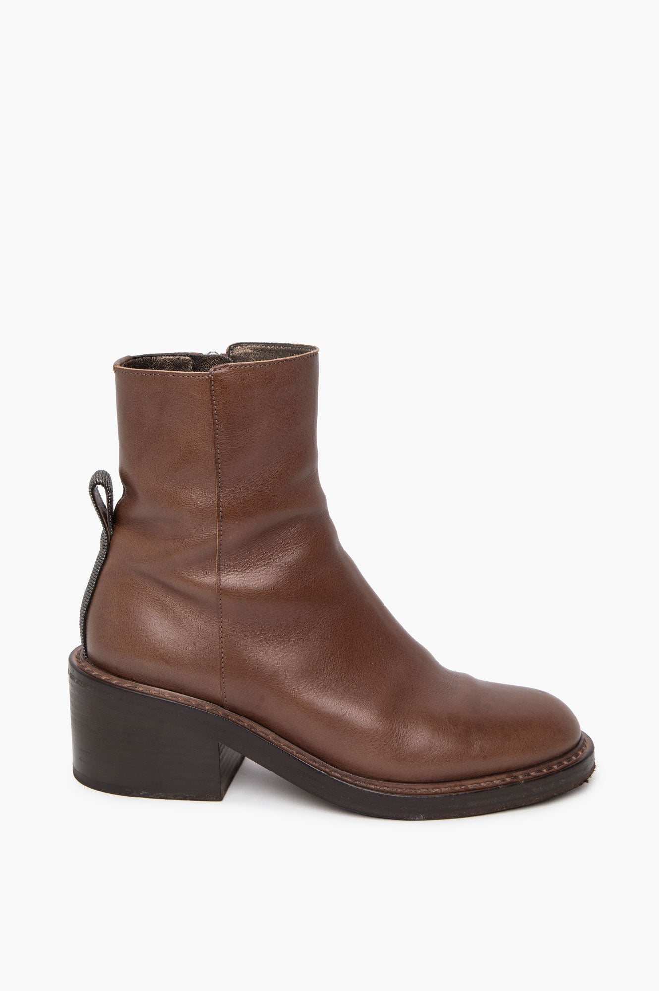 Brunello Cucinelli Brown Leather Monili Tab Ankle Boots Size 36