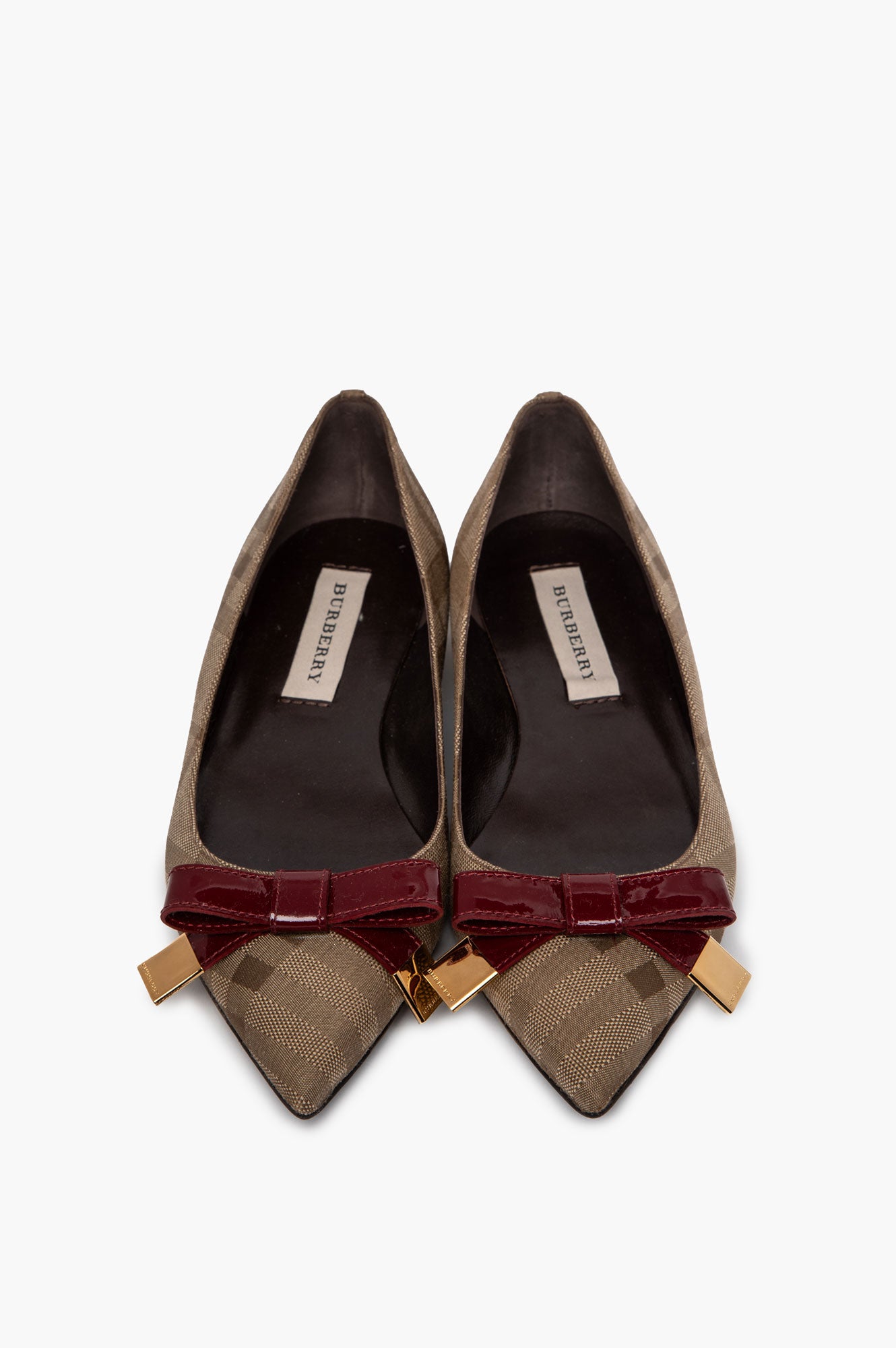 Burberry Patent Bow Point-Toe Check Jacquard Ballet Flats Size 36