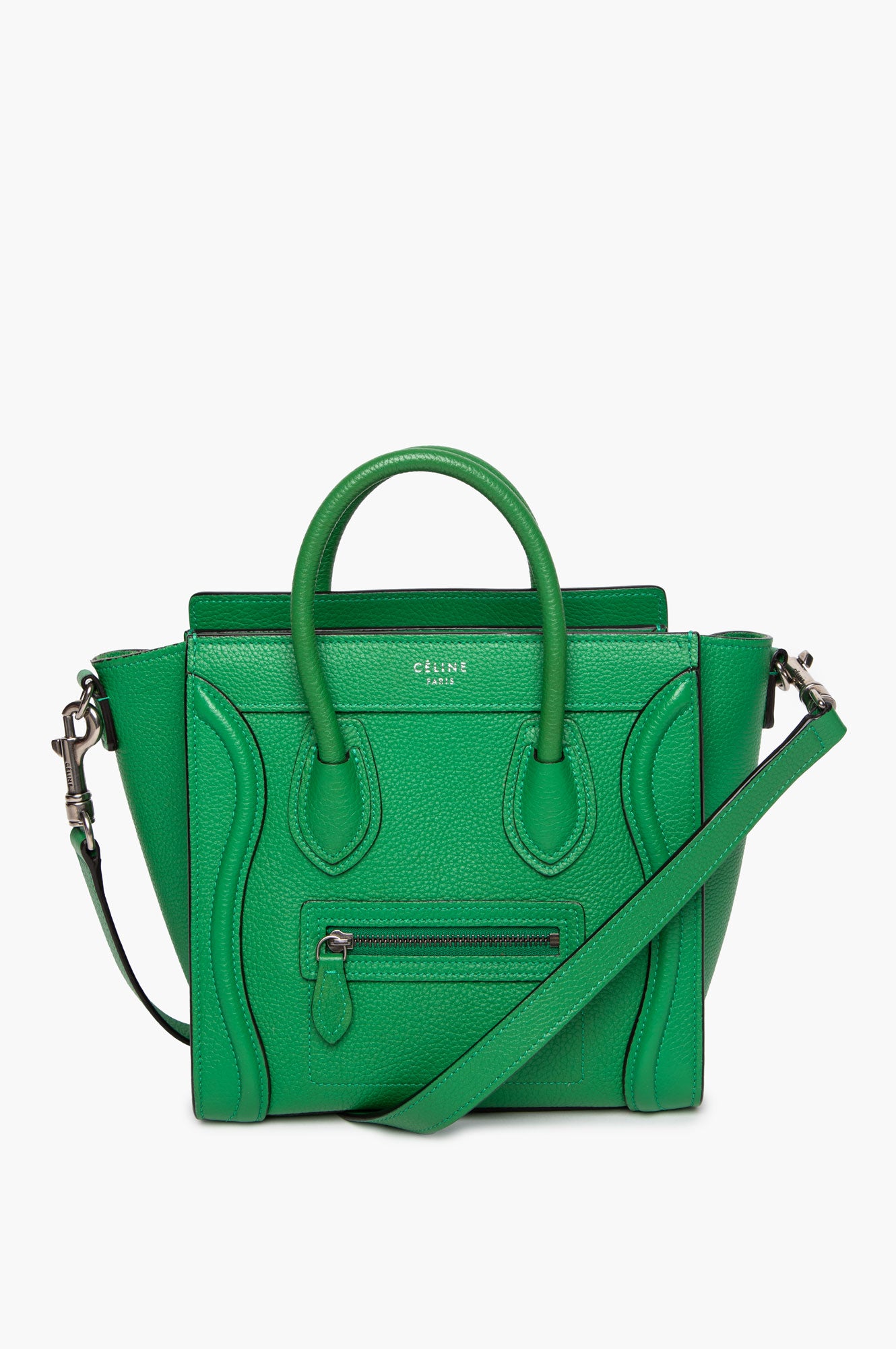 Celine Green Drummed Calfskin Nano Lugguge Tote With Strap