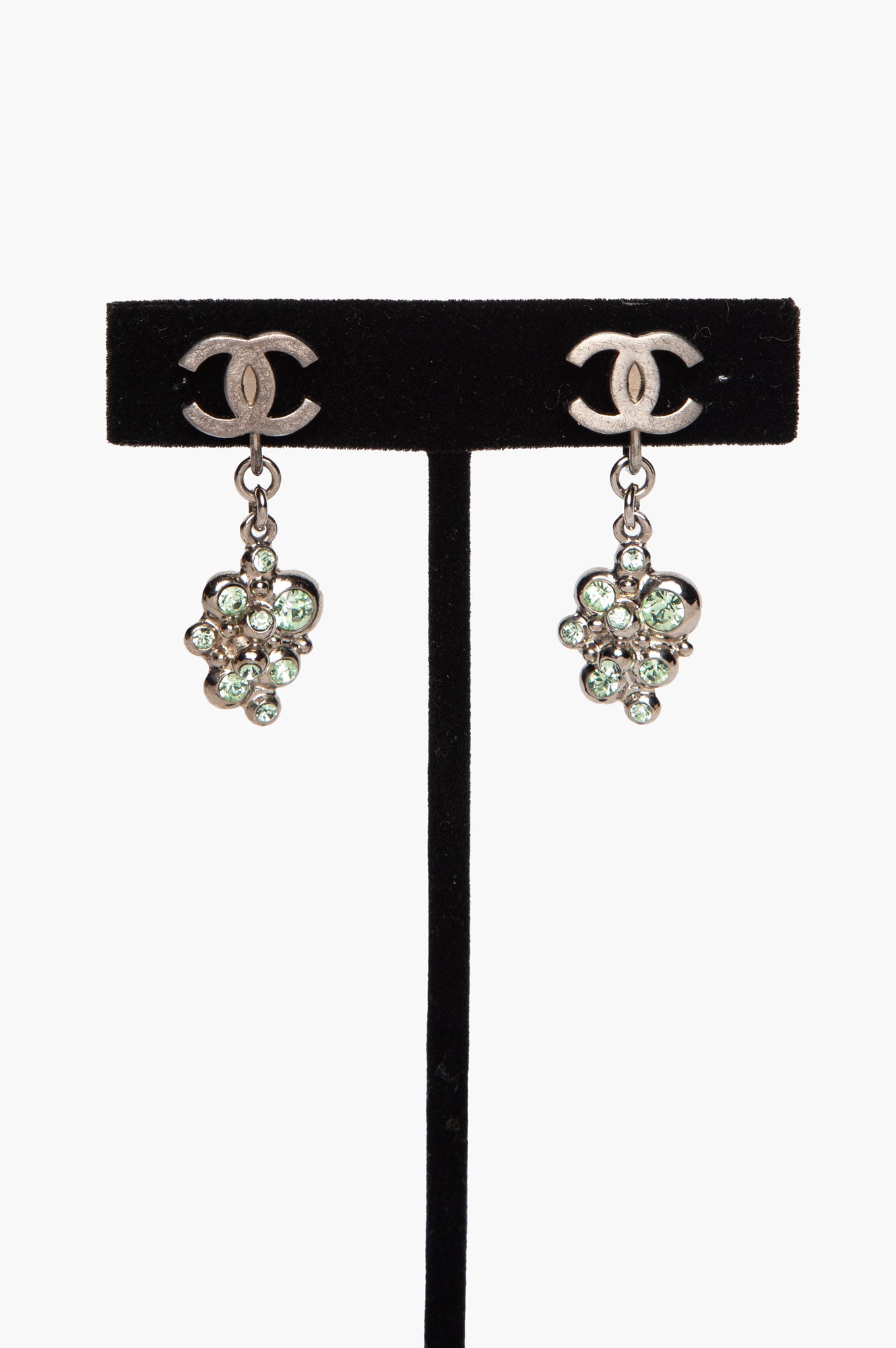 Chanel 05 A CC Logo Green Crystal Cluster Drop Clip-On Earrings