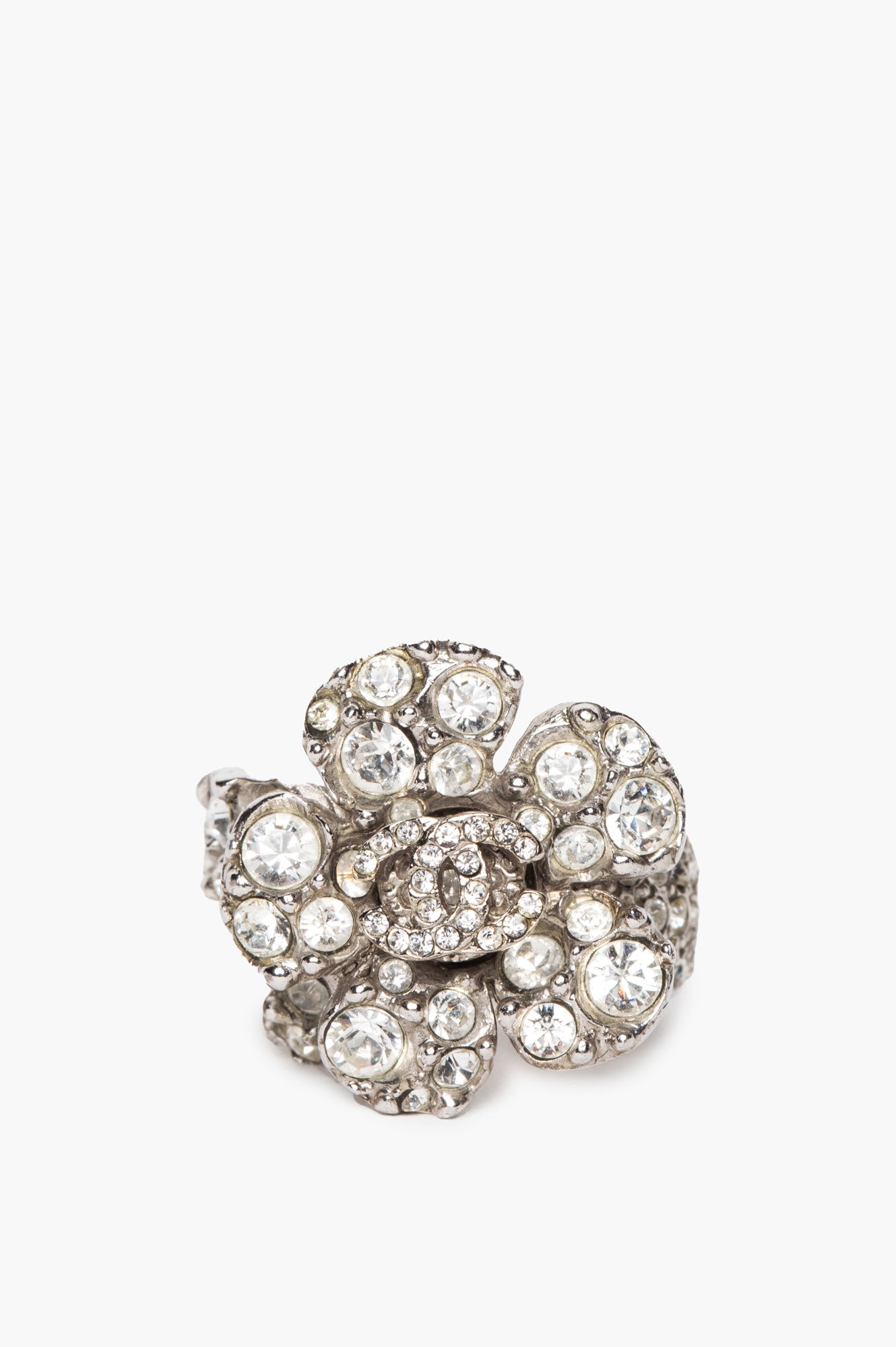 Chanel 08 V Crystal Camellia CC Ring