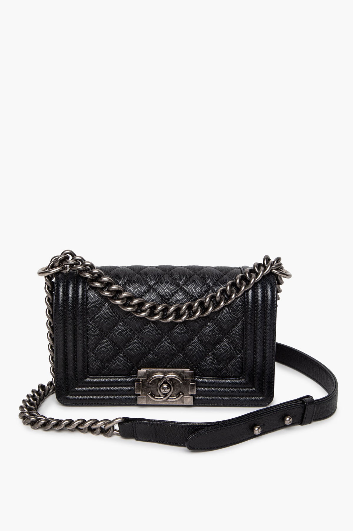 Chanel 2021 Black Caviar Antiqued Silver Hardware Small Boy Bag