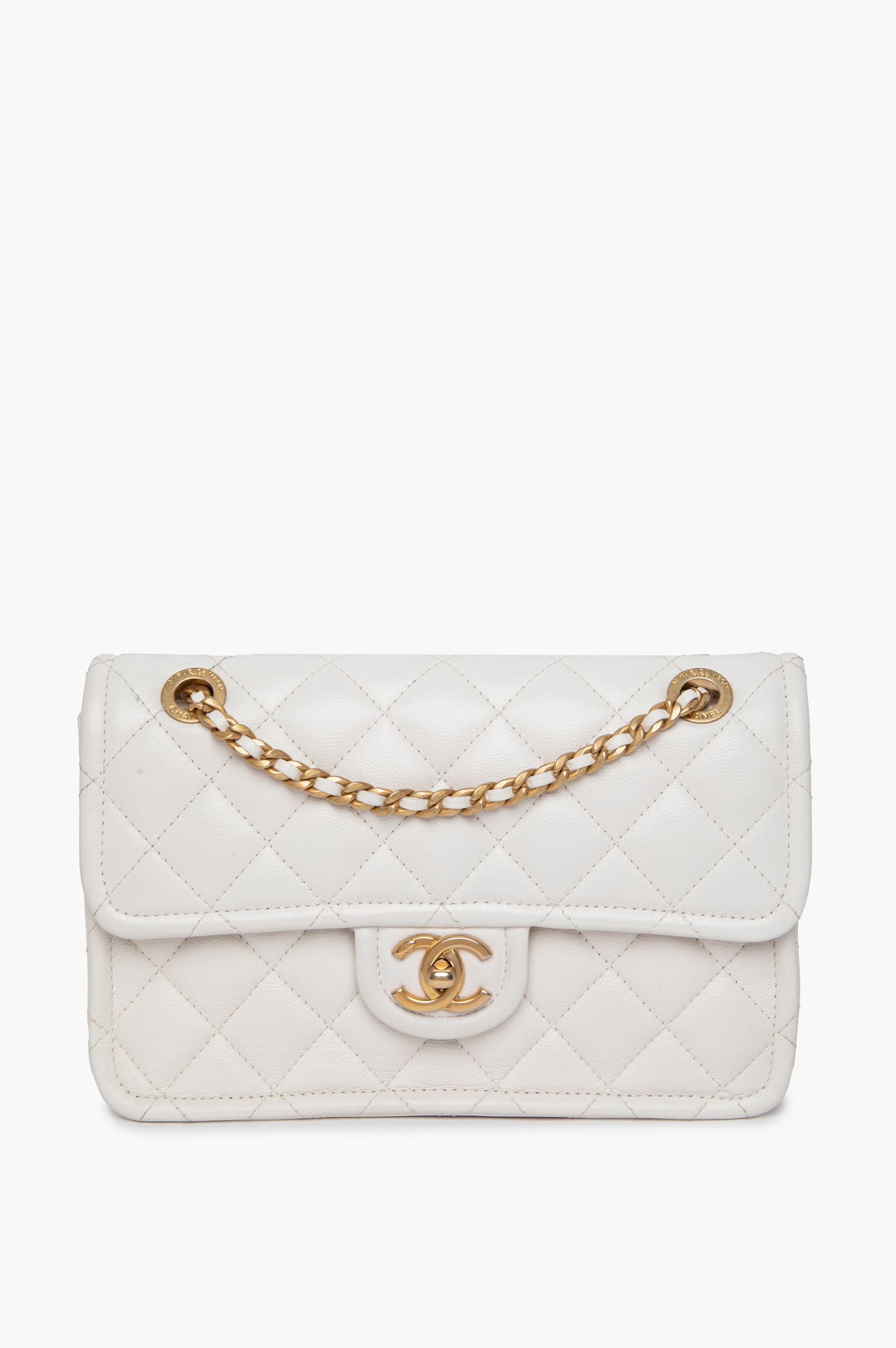 Chanel 21P White Caviar Quilted Sweet Single Flap Bag Aged Gold Hardware