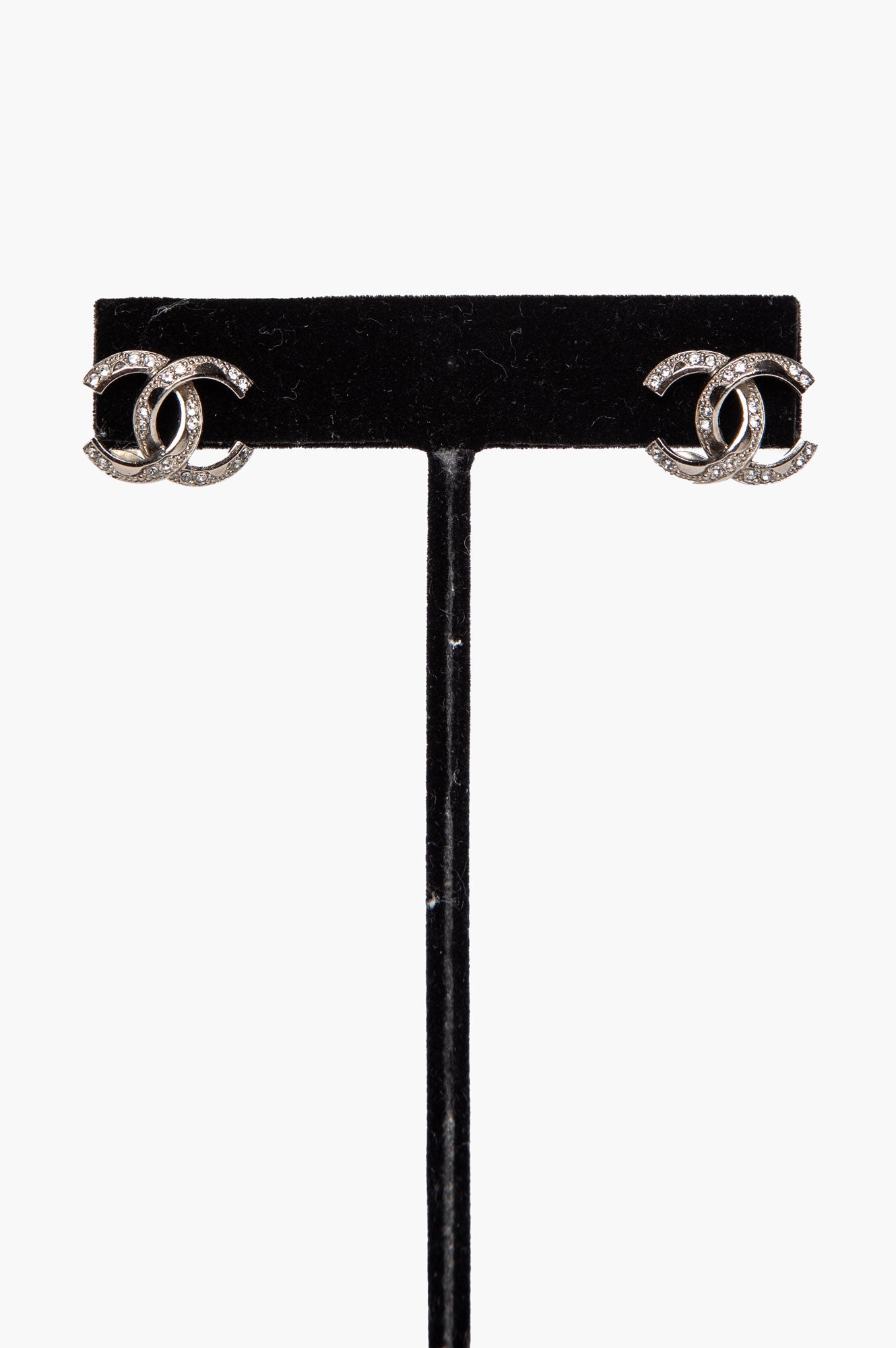 Chanel A12 Silver-Tone Crystal CC Stud Earrings