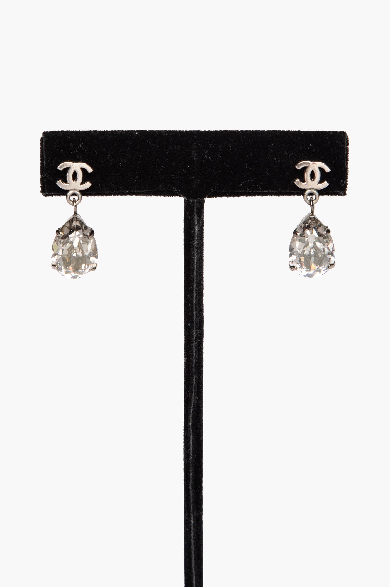 Chanel A12 Silver-Tone Crystal Teardrop Earrings