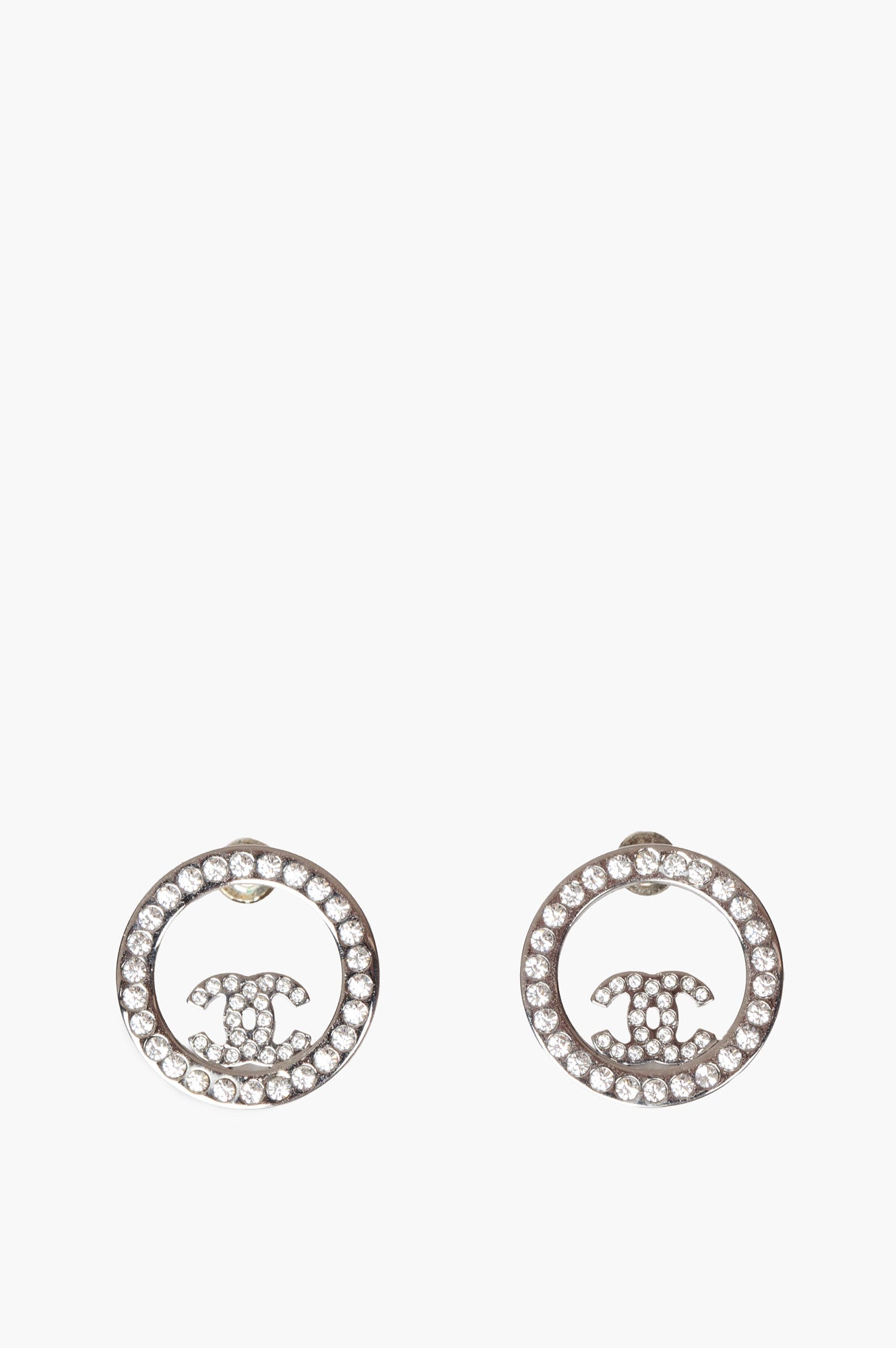 Chanel B23 V Palladium Plated Crystal CC Circle Strass Earrings