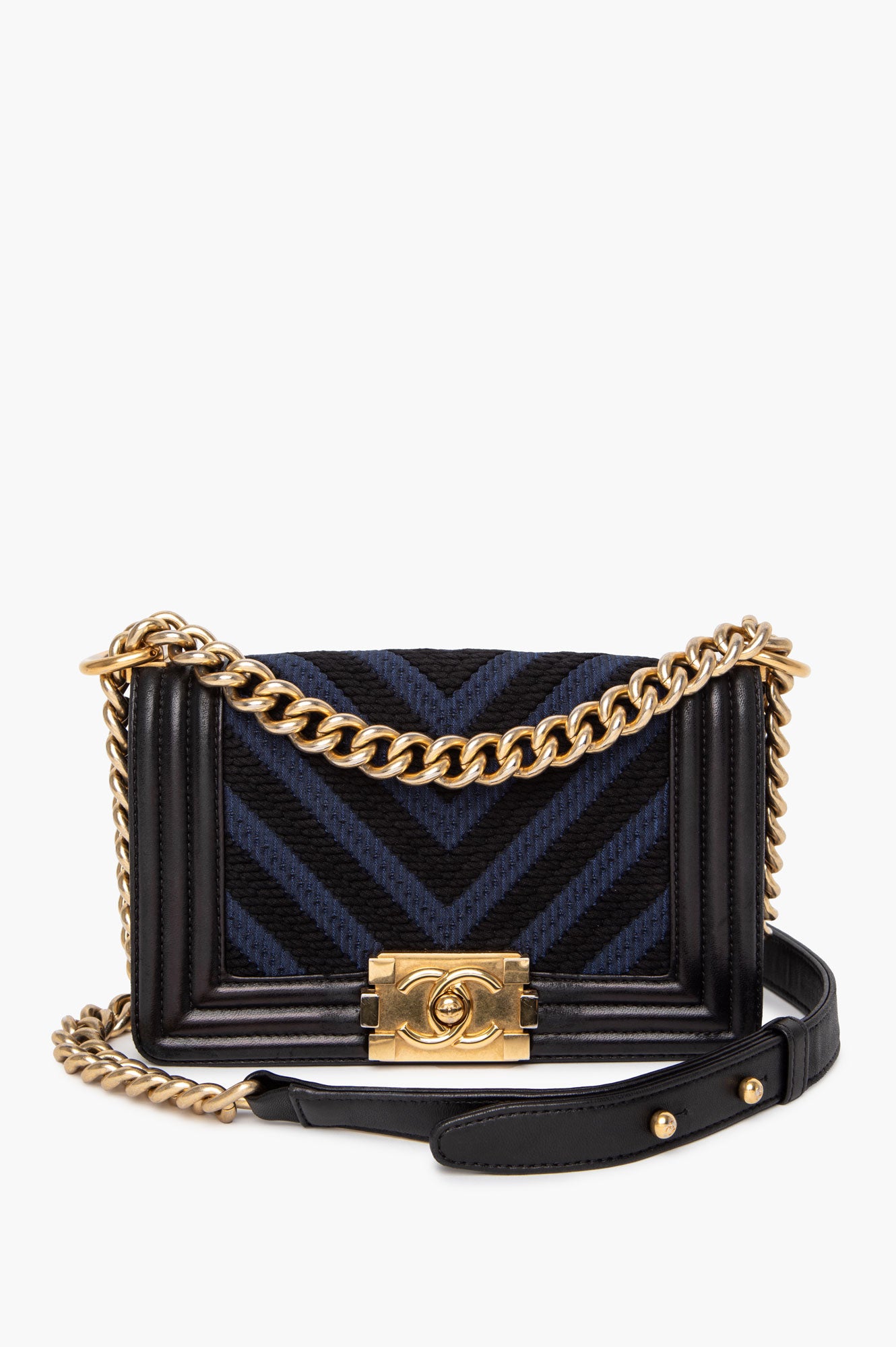 Chanel Black/Blue Chevron Fabric and Leather Small Boy Flap Bag