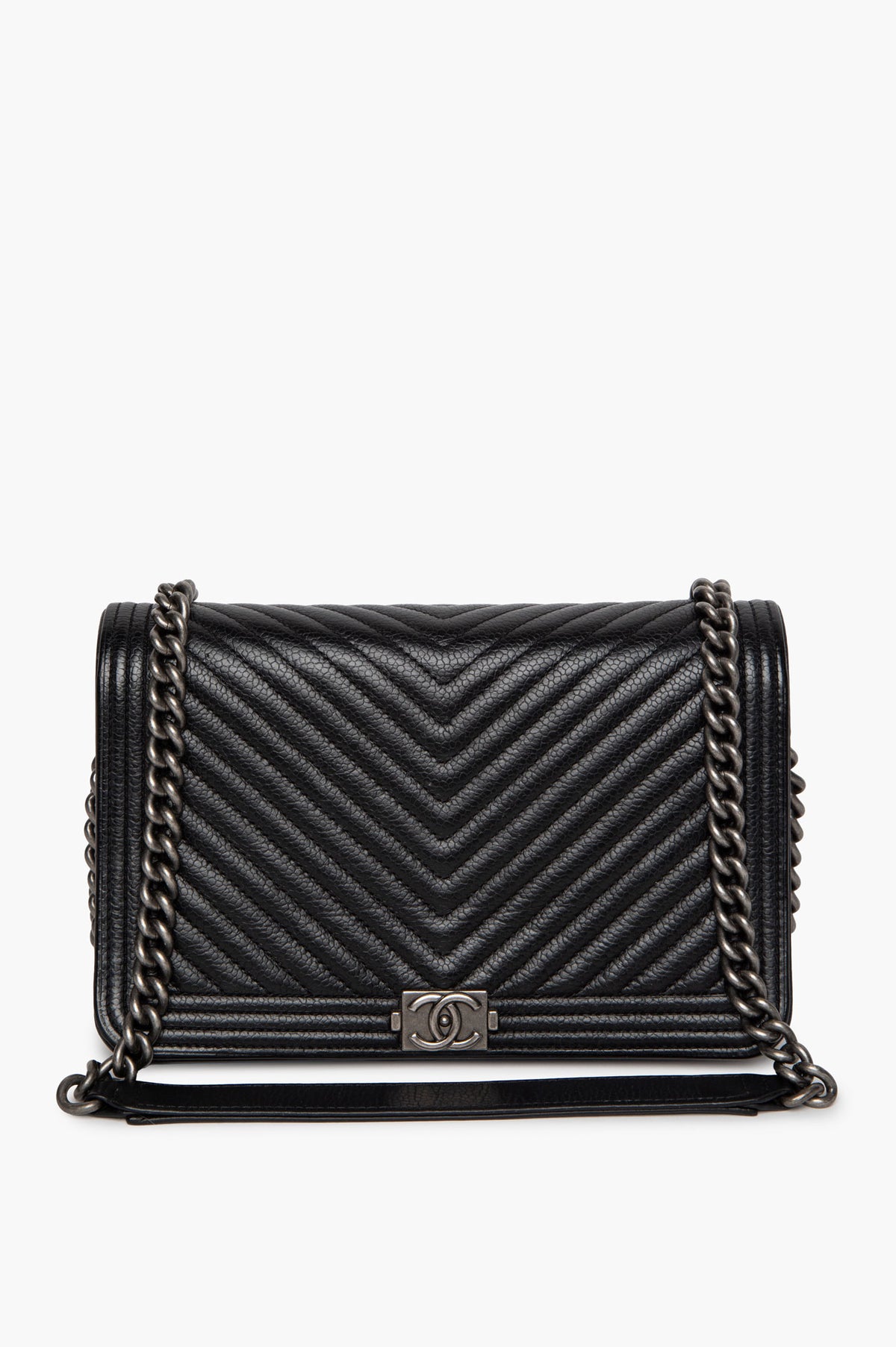 Chanel Black Chevron Quilted Caviar Antiqued Silver Hardware Boy WOC