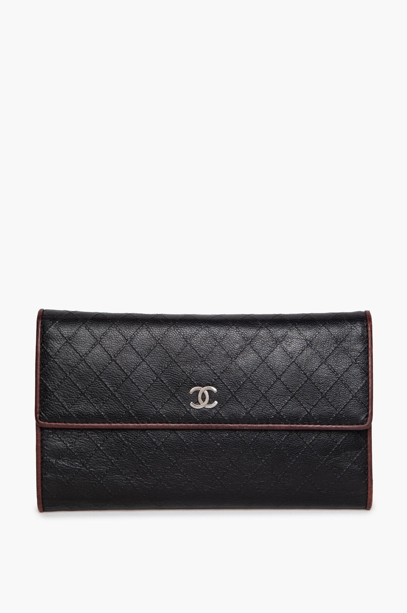 Chanel Black Diamond Stitch Burgundy Trim Flap Wallet