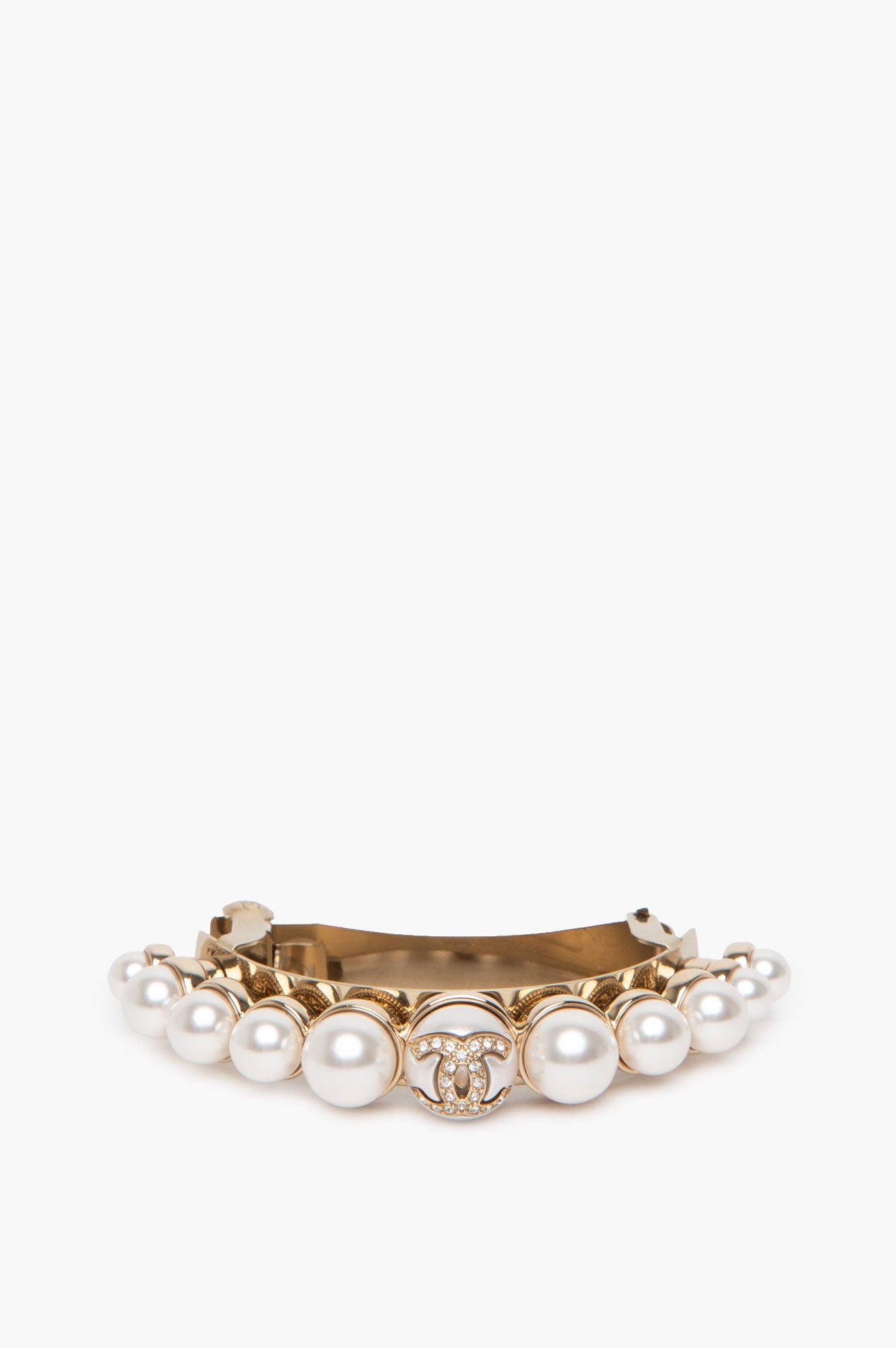 Chanel Crystal CC Logo Faux Pearl Gold Tone Pony Barette