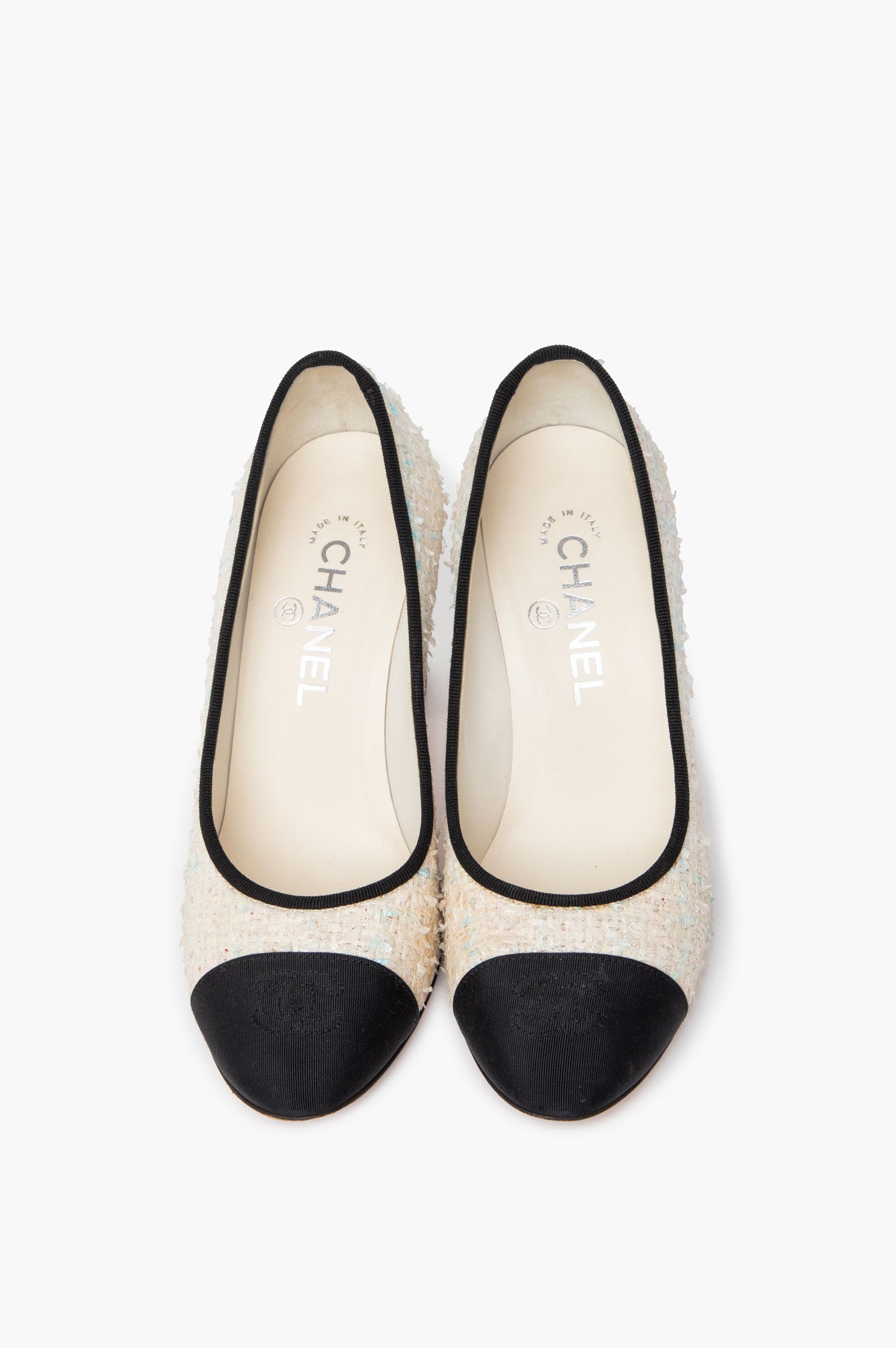 Chanel Pink & Blue Flecked Tweed CC Cap Toe Block Heel Pumps Size 36.5