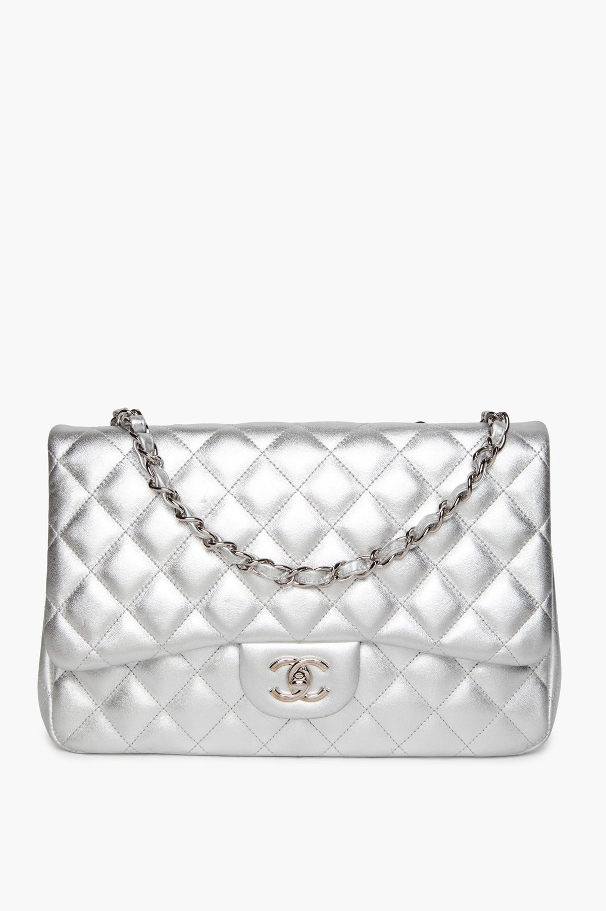 Chanel Silver Metallic Lambskin Large Single Flap Bag