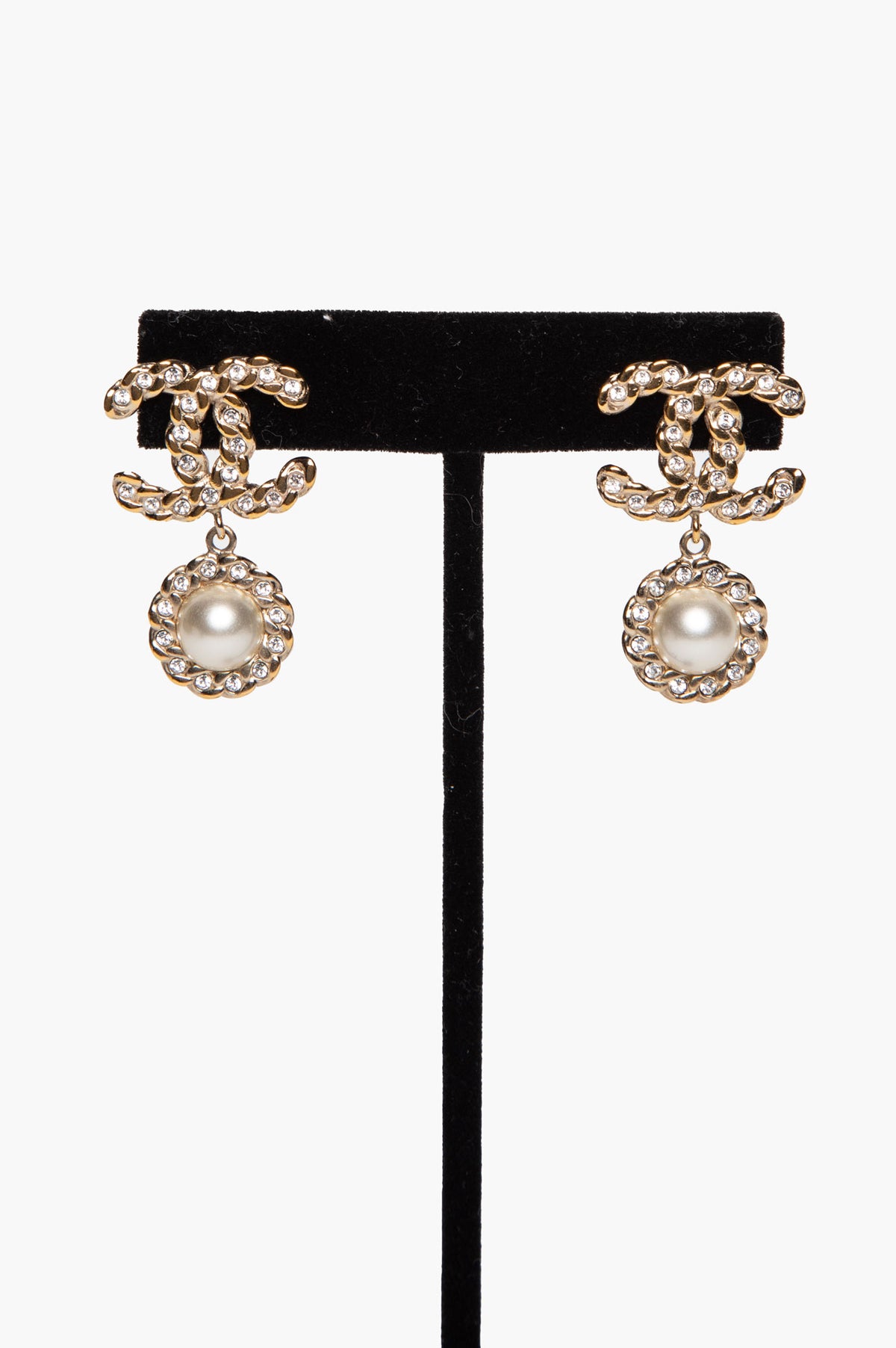 Chanel Spring 19B Champagne Gold Faux Pearl & Strass CC Drop Earrings