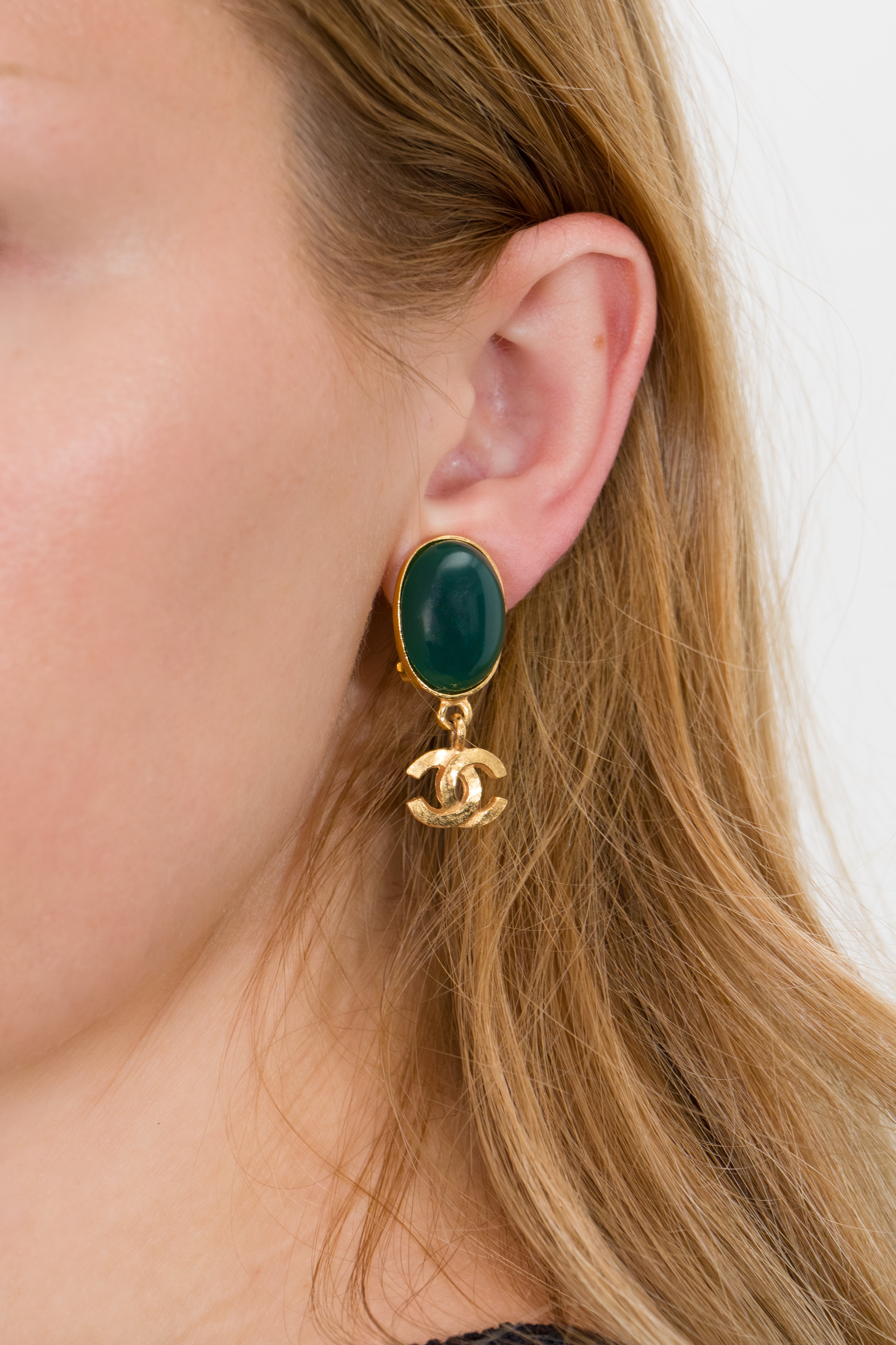Chanel Green Jade Gold Plated Clip Earrings