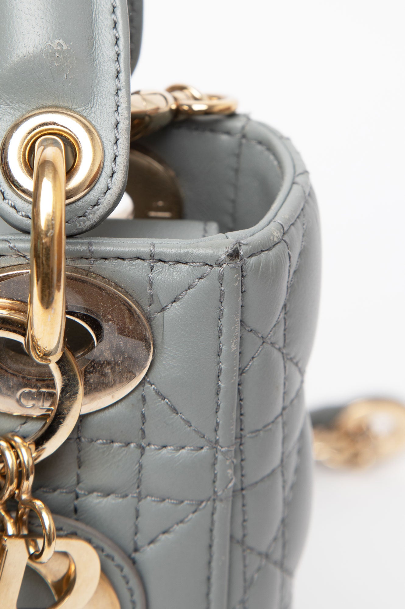 Christian Dior Grey Mini Lady Dior Bag stitching 