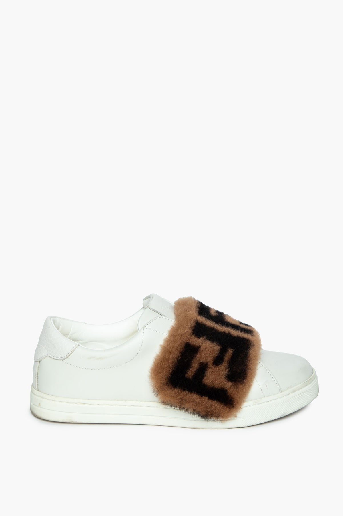 Fendi White Leather Shearling FF Slip-On Sneakers Size 35
