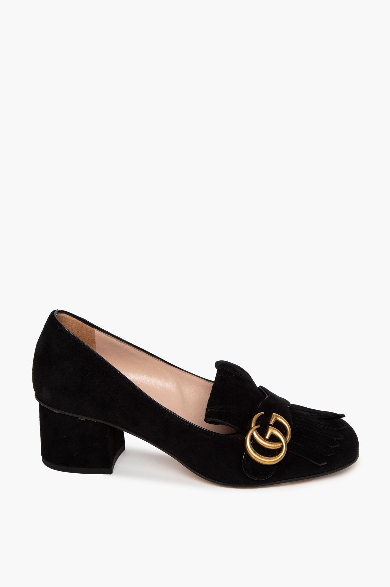 Gucci Black Suede Fringe GG Marmont Block Heel Pumps Size 38