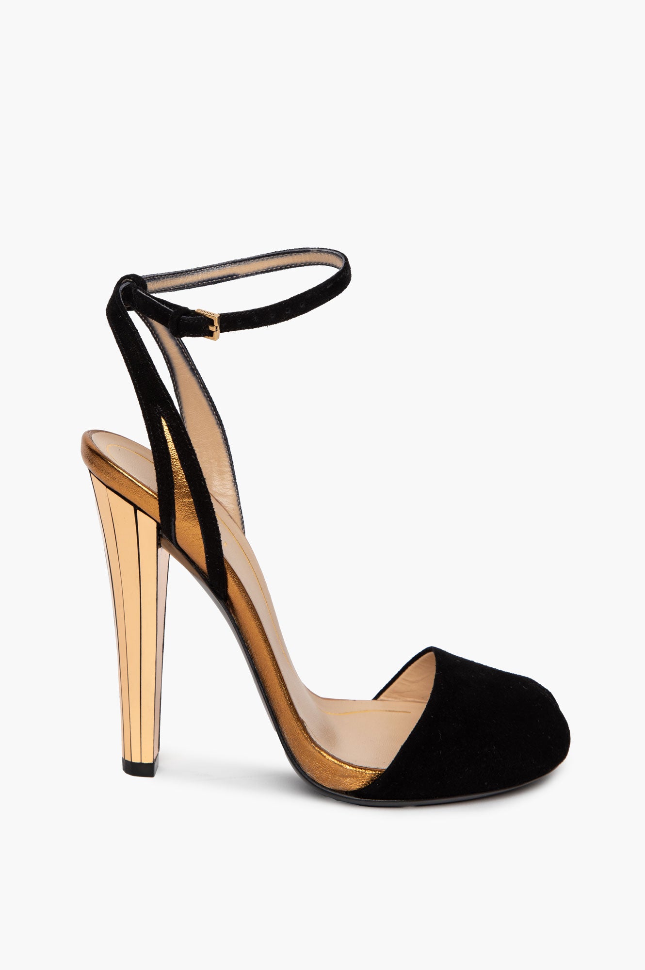 Gucci Black Suede Peep Toe Gold Faceted Delphine Heels Size 35