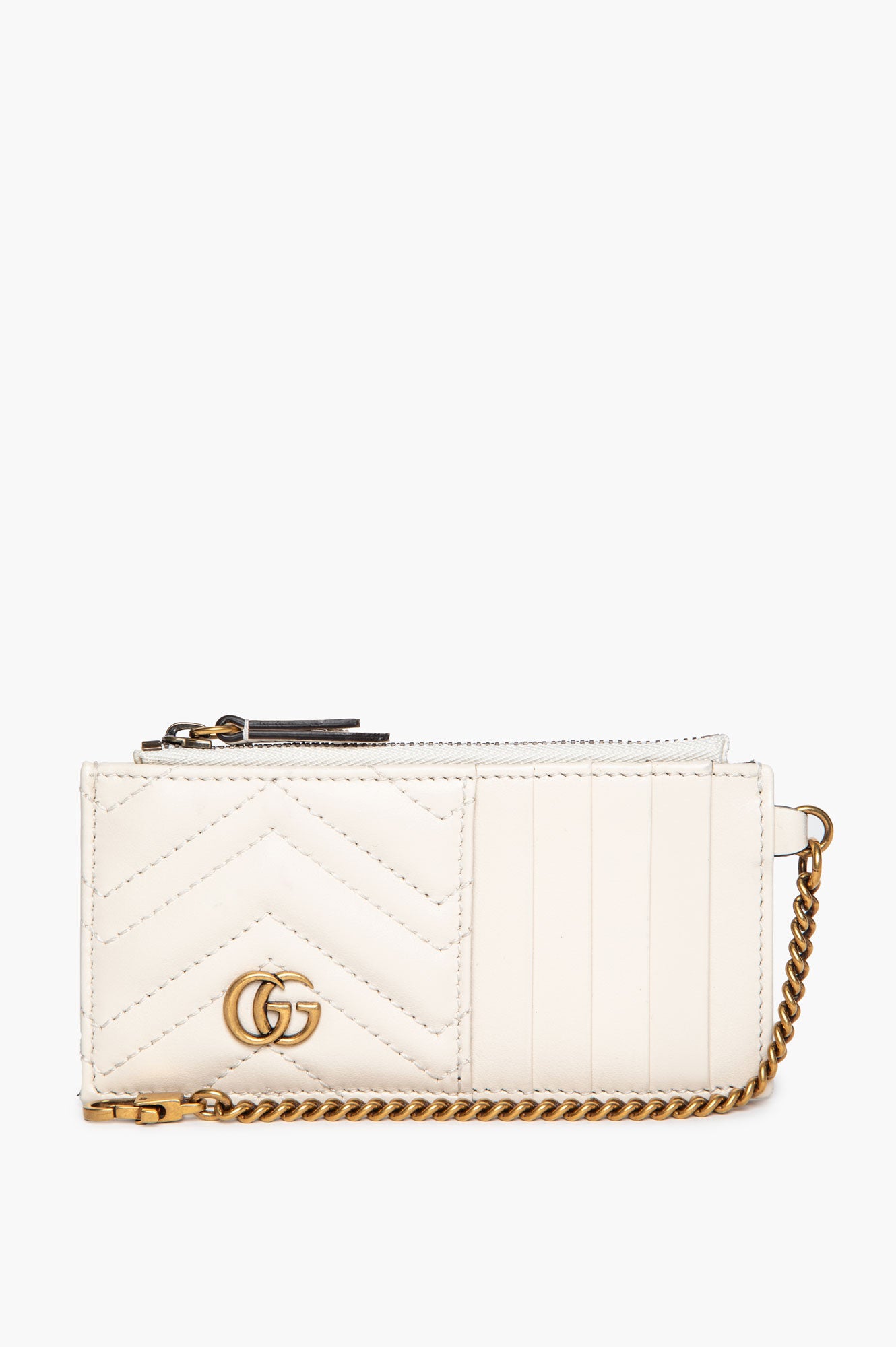 Gucci Cream Calfskin Matelassé GG Marmont Zip Key Case Card Holder