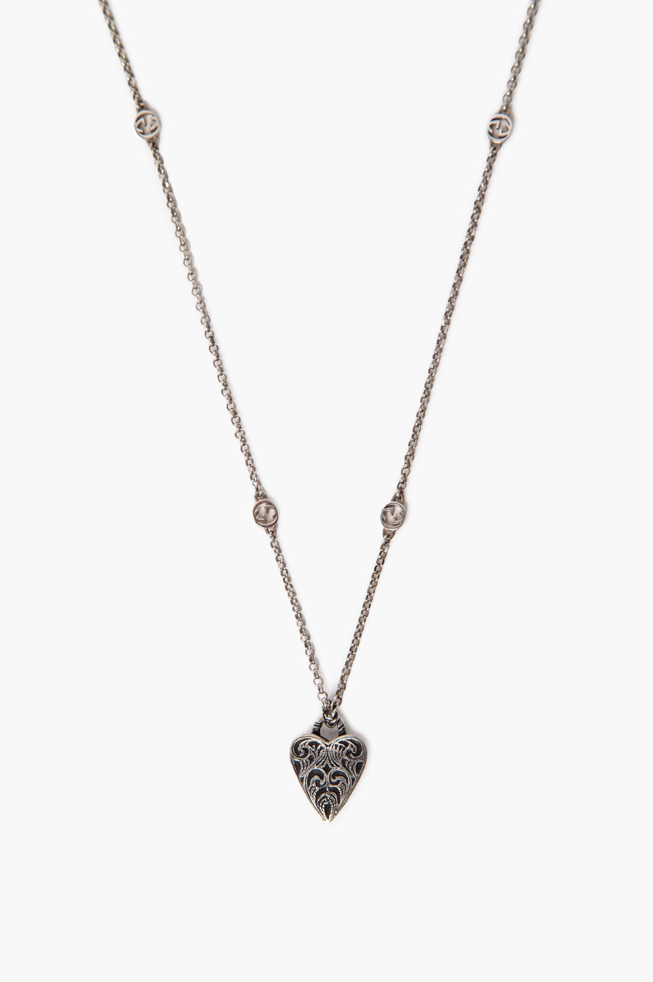Gucci Sterling Silver Filigree Engraved Heart Pendant Necklace