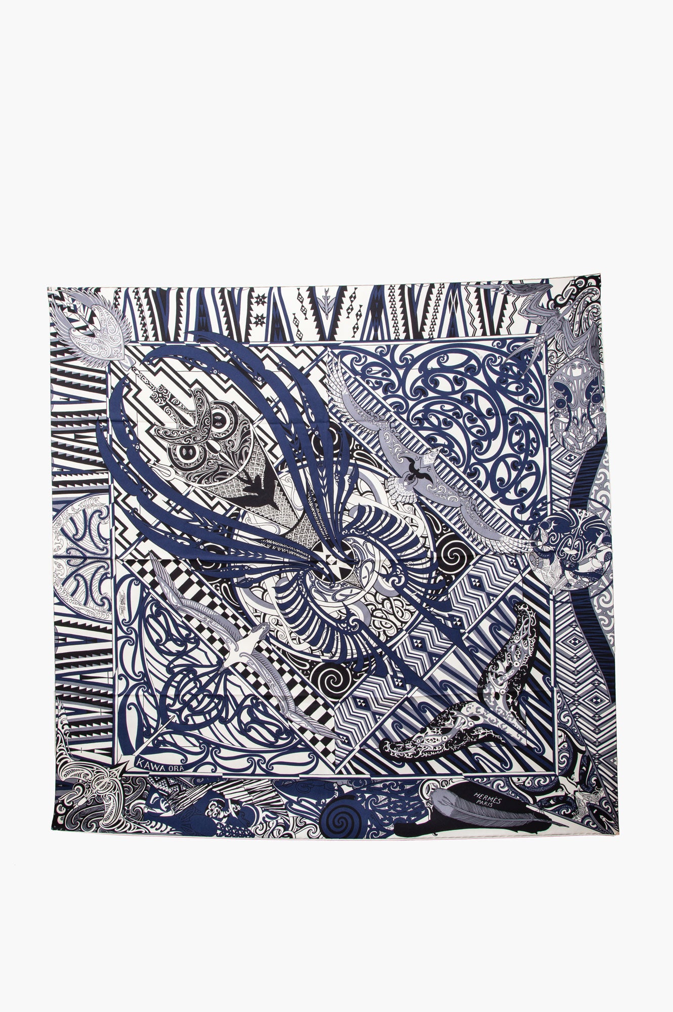 Hermès Blue/White Silk Kawa Ora Print Scarf 90cm