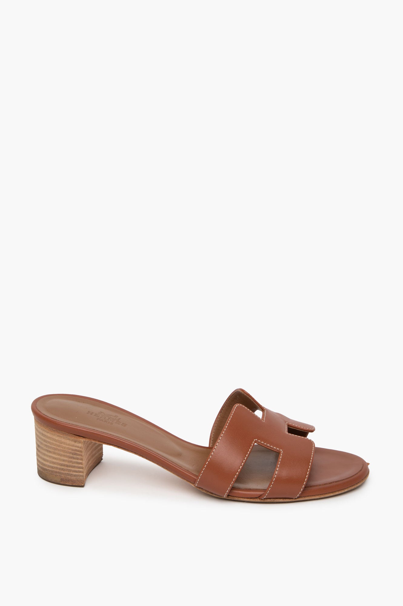 Hermès Brown Swift Stacked Heel Oran Sandals Size 37.5