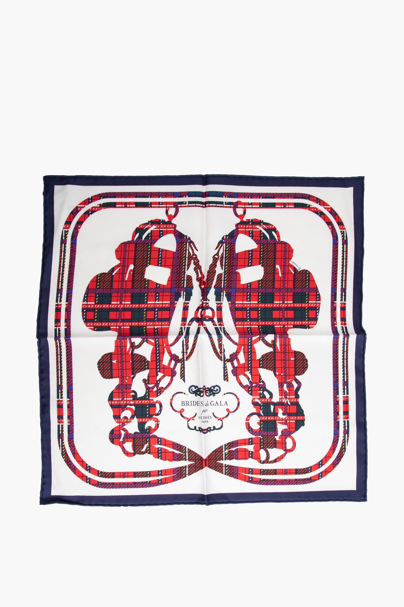 Hermes Gavroche 45 Brides De Gala Marine Tartan Silk Twill Scarf