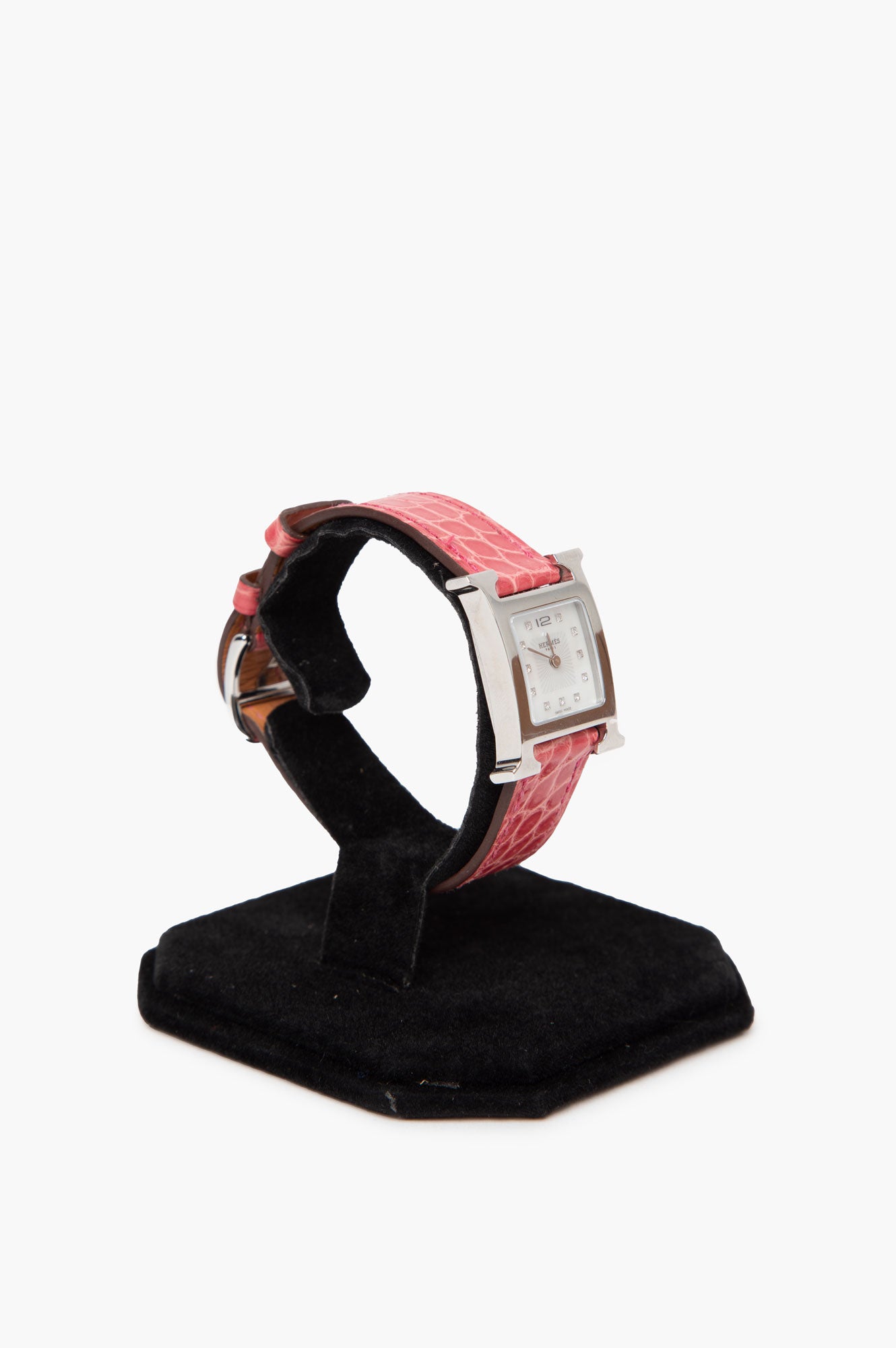 Hermes Pink Heure H Watch with Crocodile Strap in box