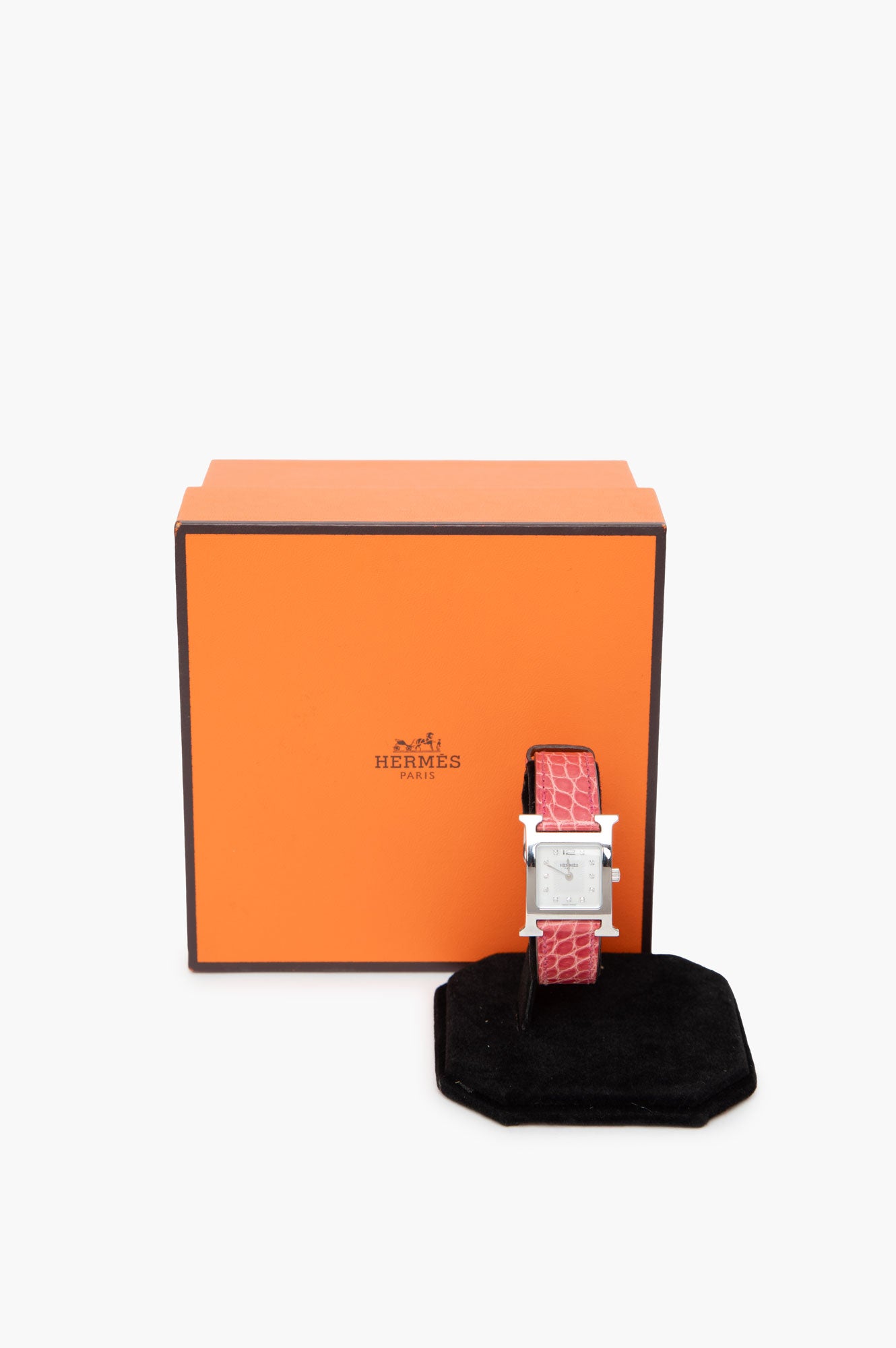 Hermes Pink Heure H Watch with Crocodile Strap in box