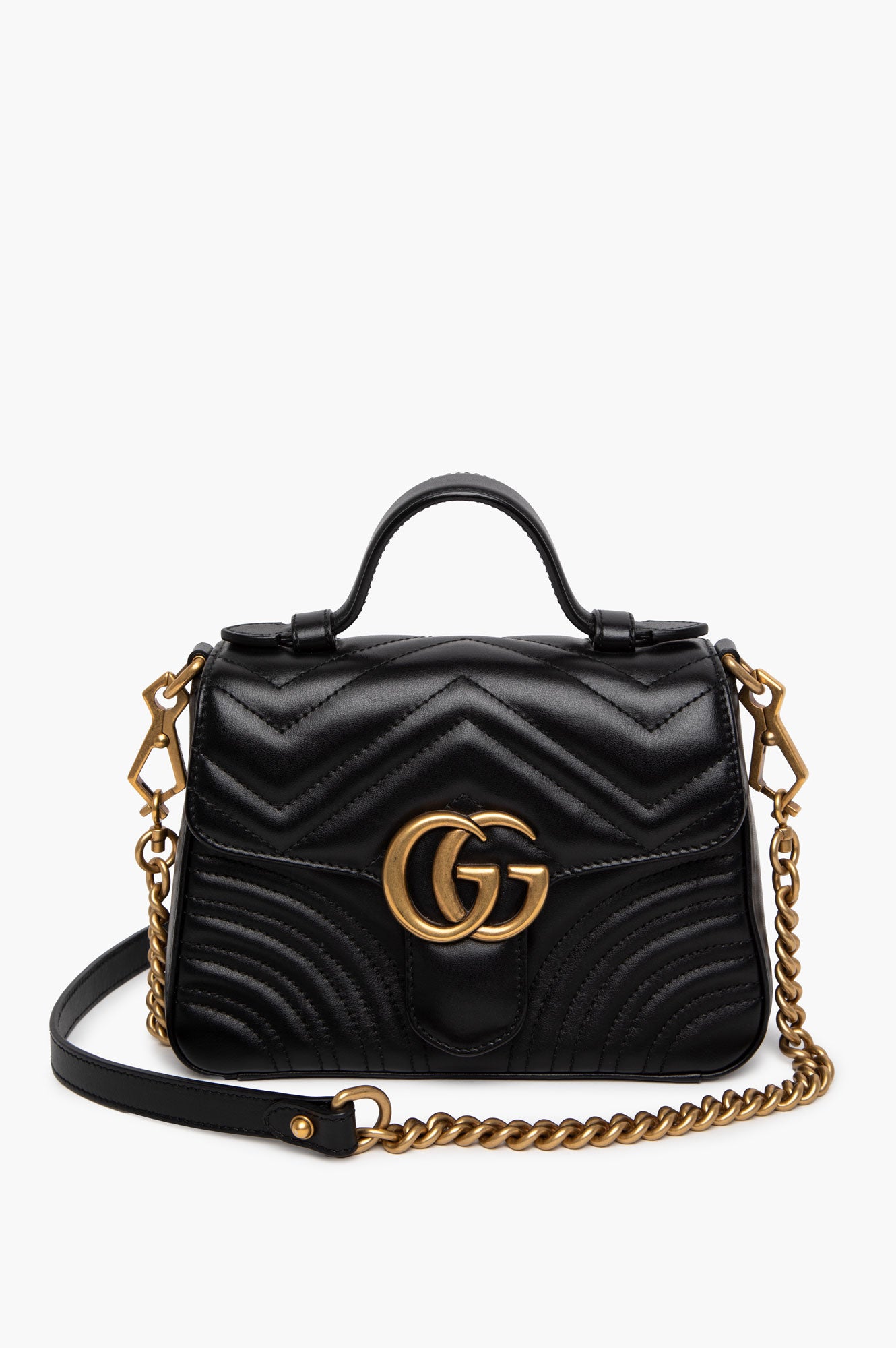 Gucci Black Leather GG Marmont Top Handle Bag