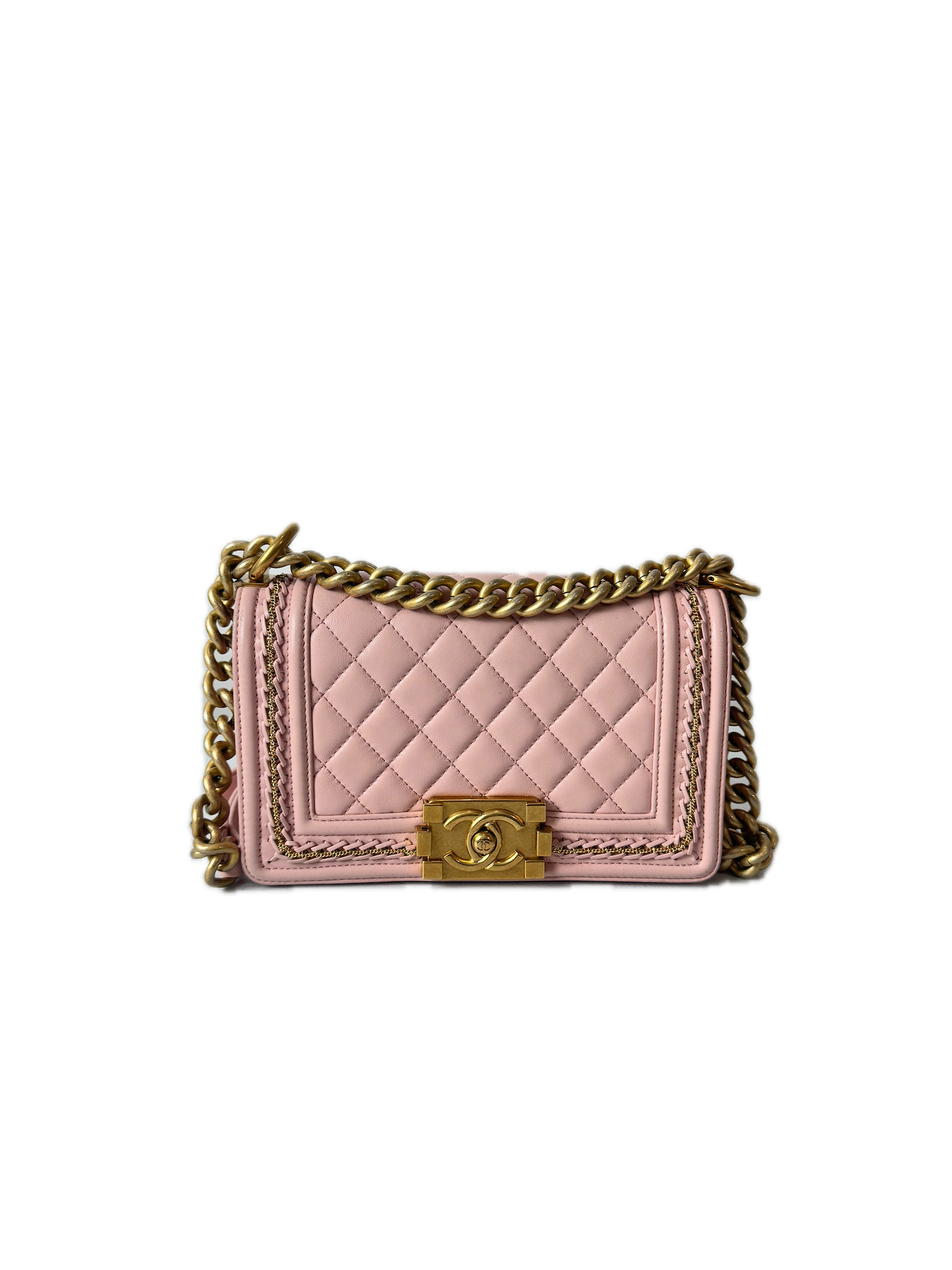 Chanel Pink Small Boy Bag With Gold Chain Embroidery