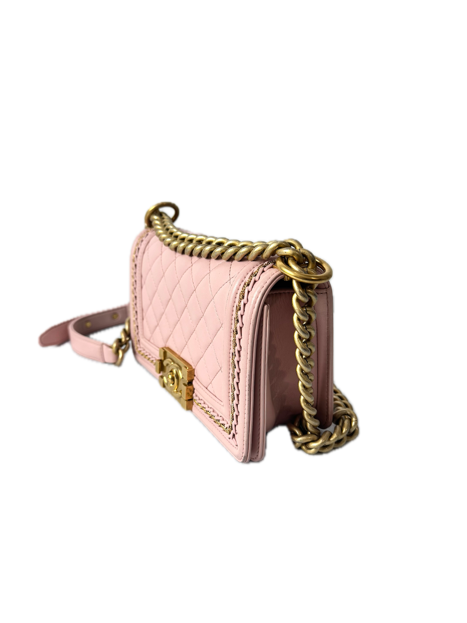 Chanel Pink Small Boy Bag With Gold Chain Embroidery