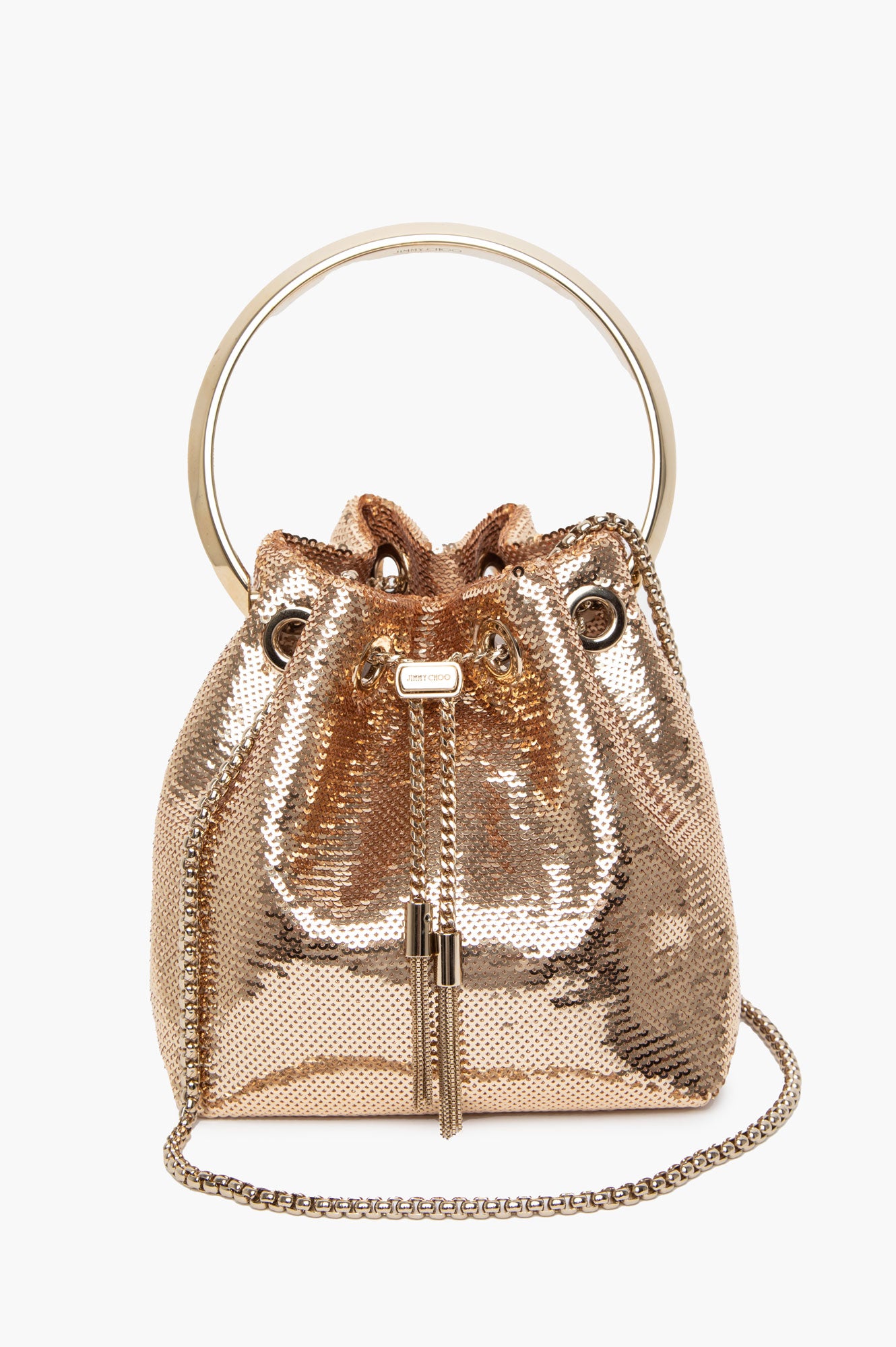 Jimmy Choo Gold Sequin Micro Bon Bon Bucket Bag