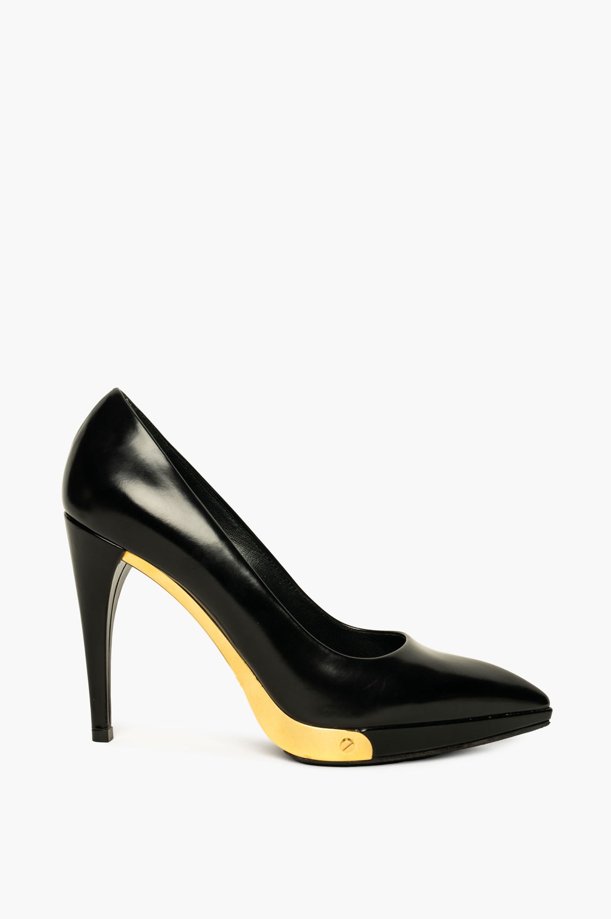 Louis Vuitton Black Leather Gold Metal Panel Pumps