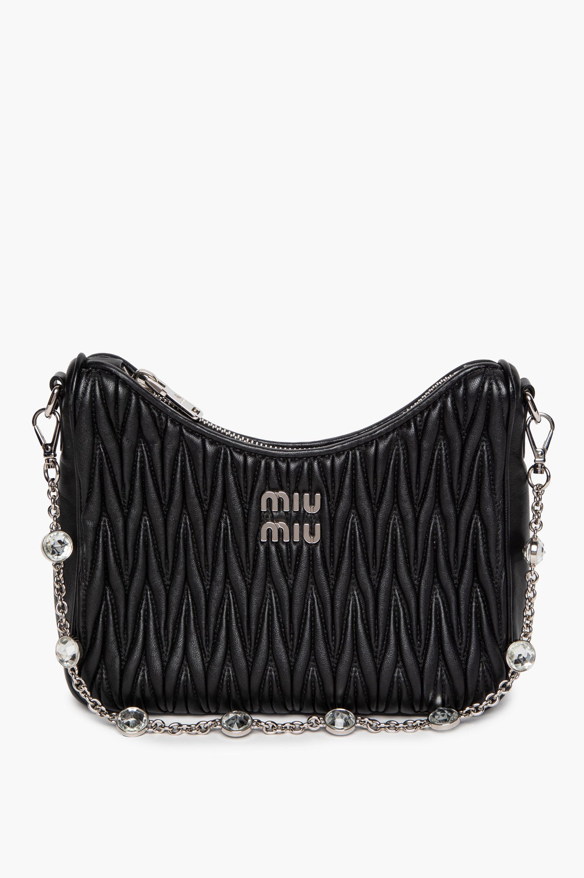 Miu Miu Black Matelassé Nappa Crystal Chain 2-Way Hobo Bag