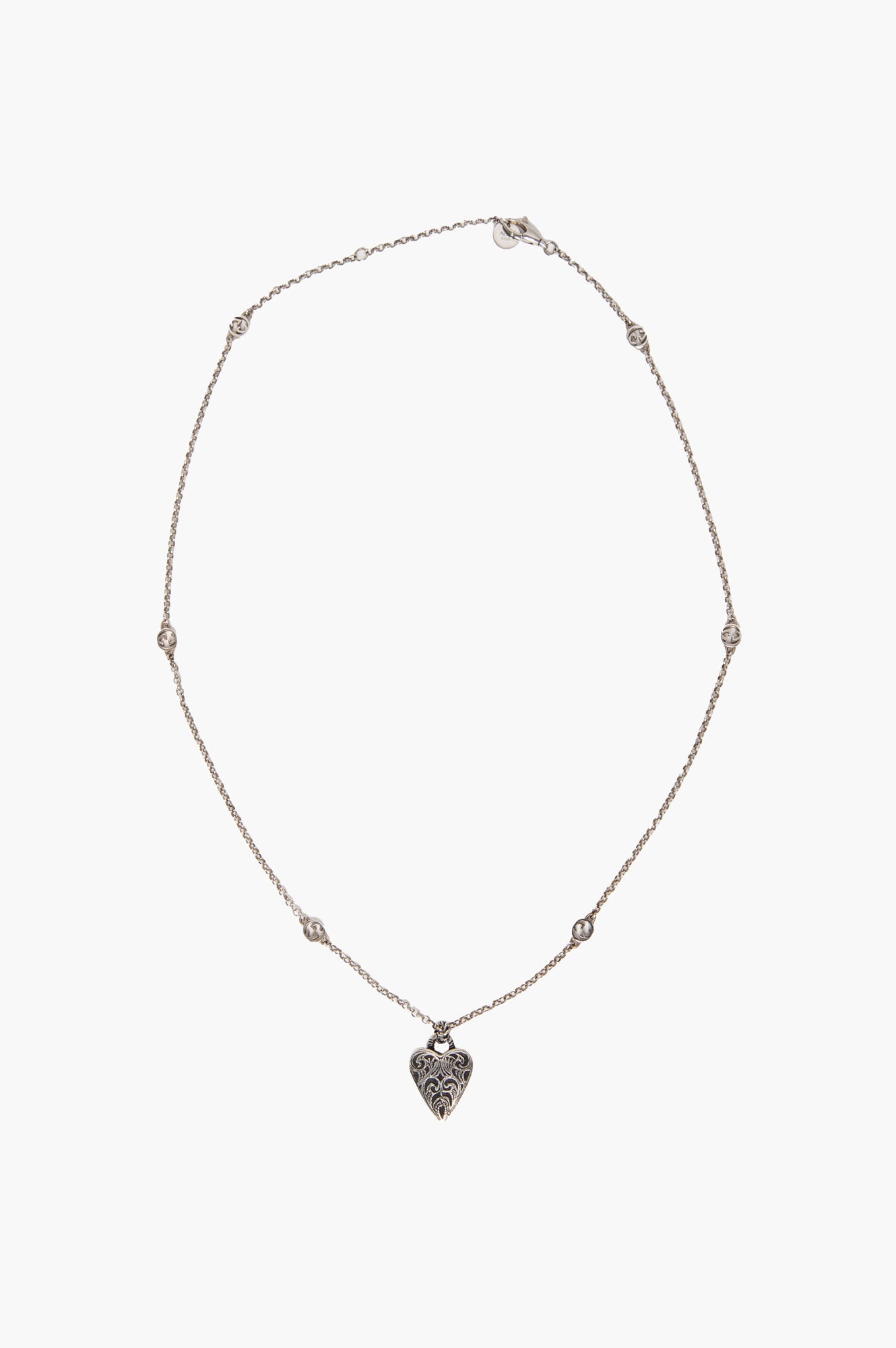 Gucci Sterling Silver Filigree Engraved Heart Pendant Necklace