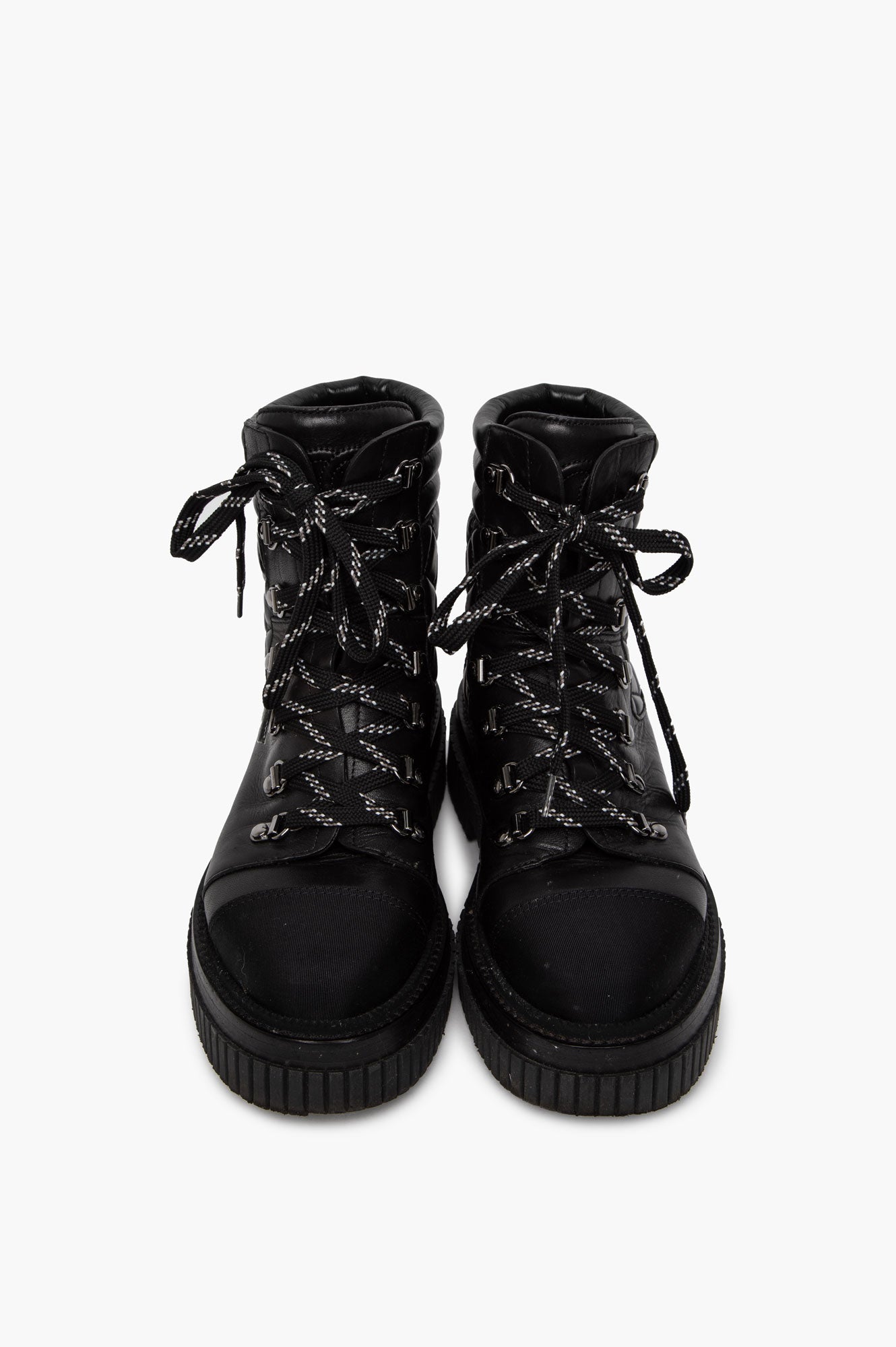 Chanel Black Quilted Calfskin Grosgrain Cap Toe Combat Boots Size 37