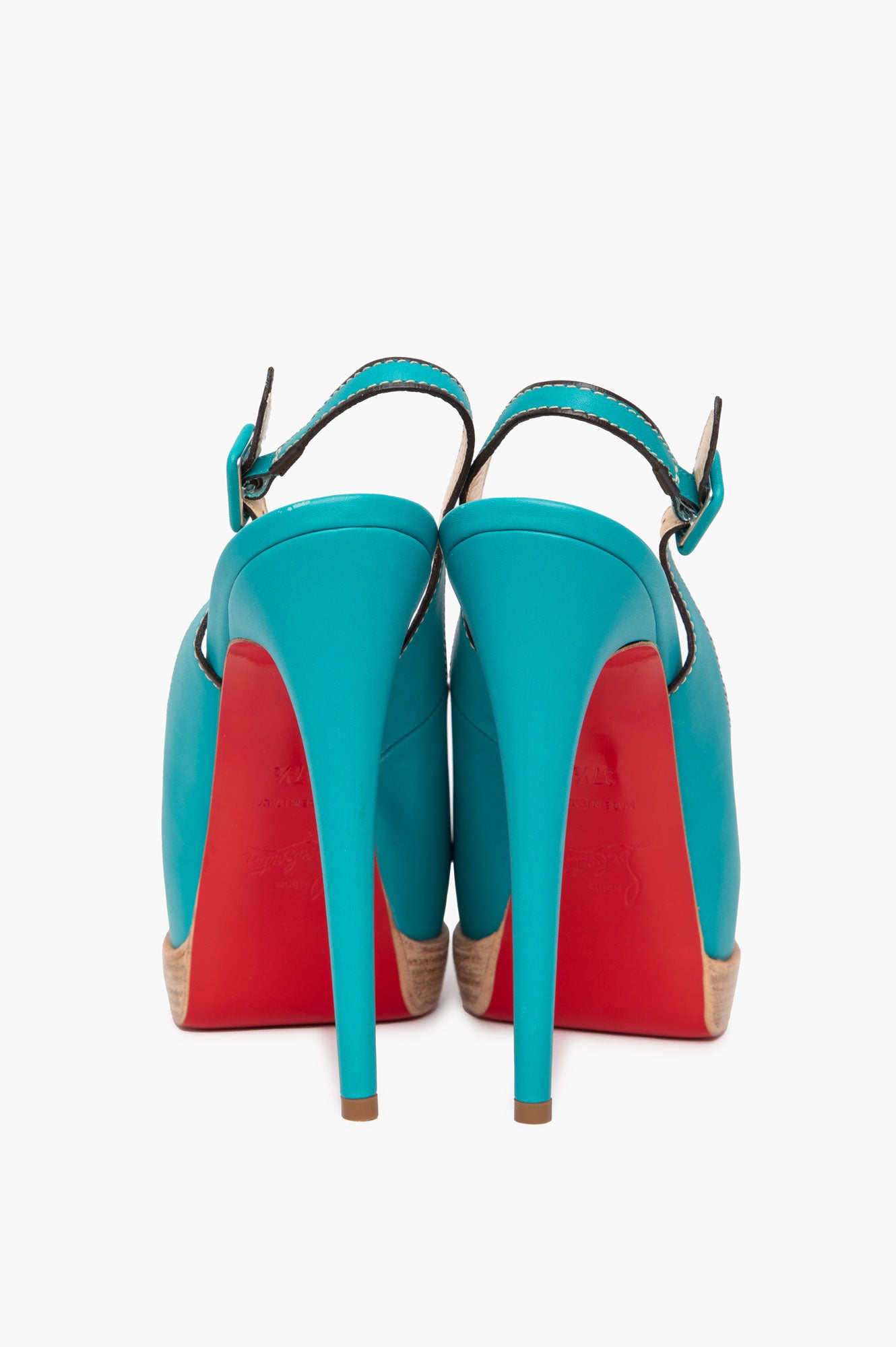 Christian Louboutin Turqoise Leather Palais Royal Trepointe Peeptoe Slingback Pumps SIze 37.5